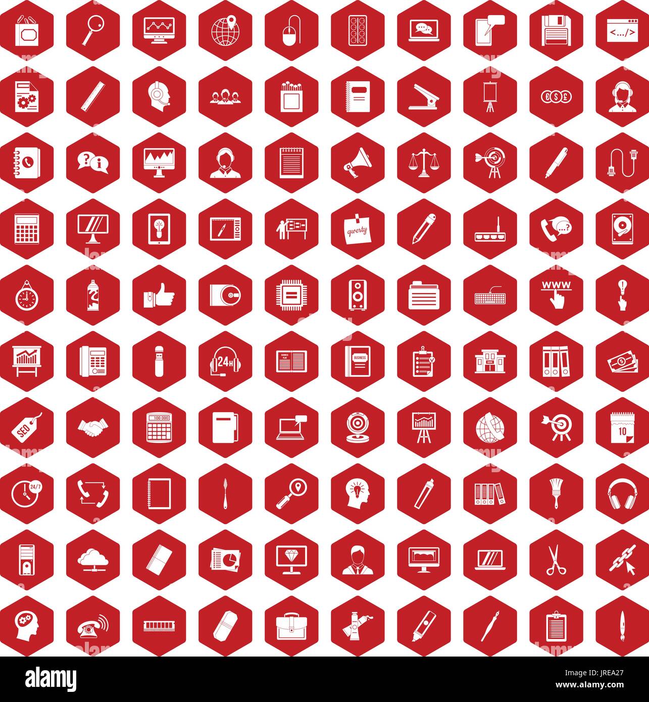 100 office work icons hexagon red Stock Vector