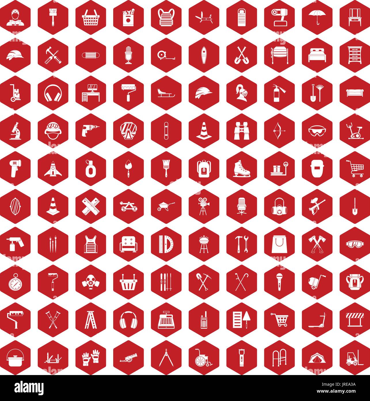 100 outfit icons hexagon red Stock Vector