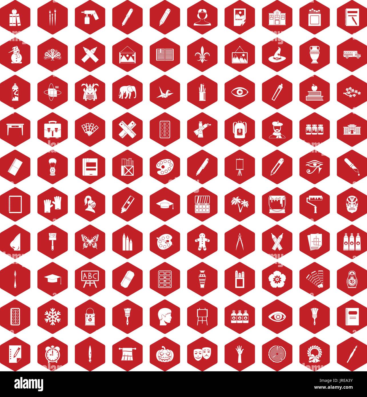 100 paint school icons hexagon red Stock Vector