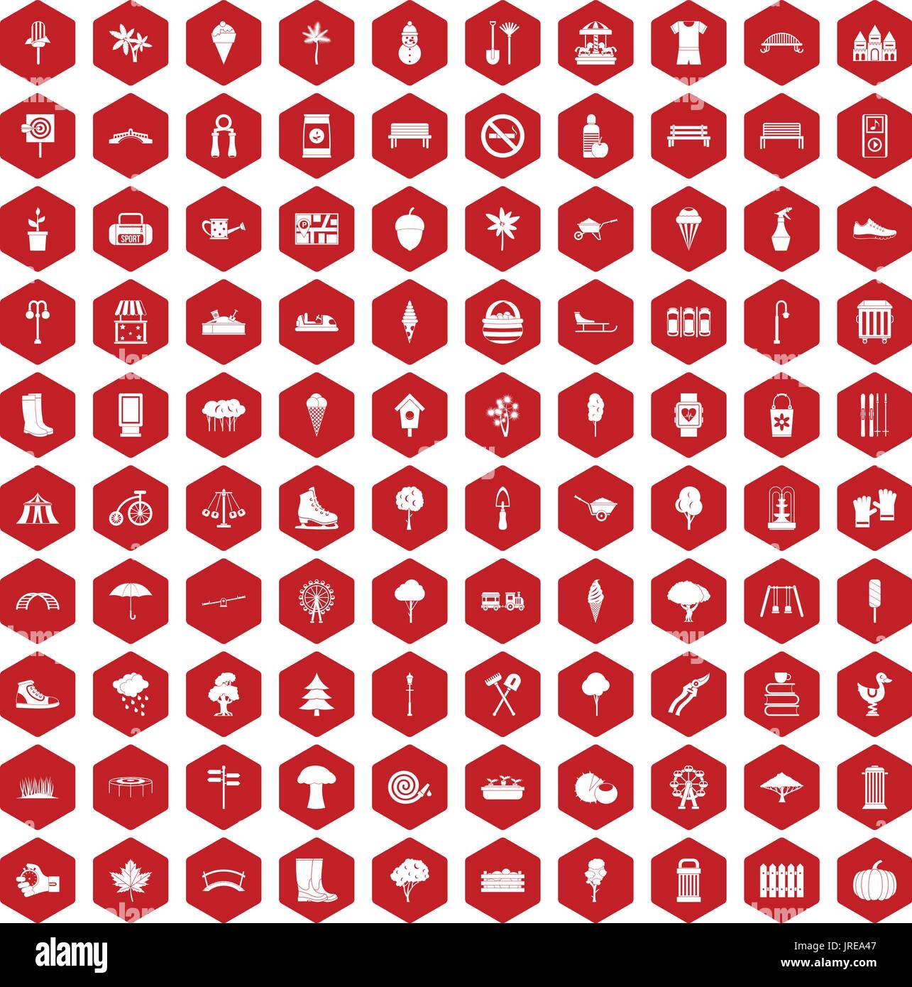 100 park icons hexagon red Stock Vector