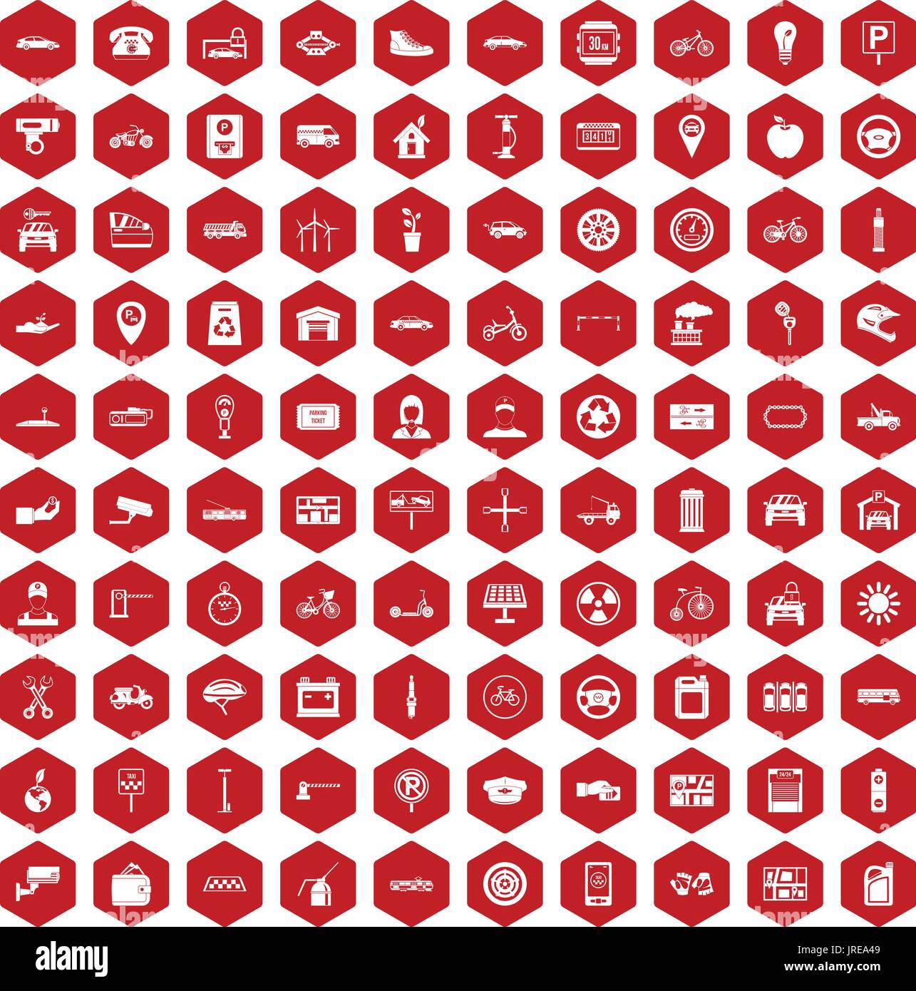 100 parking icons hexagon red Stock Vector