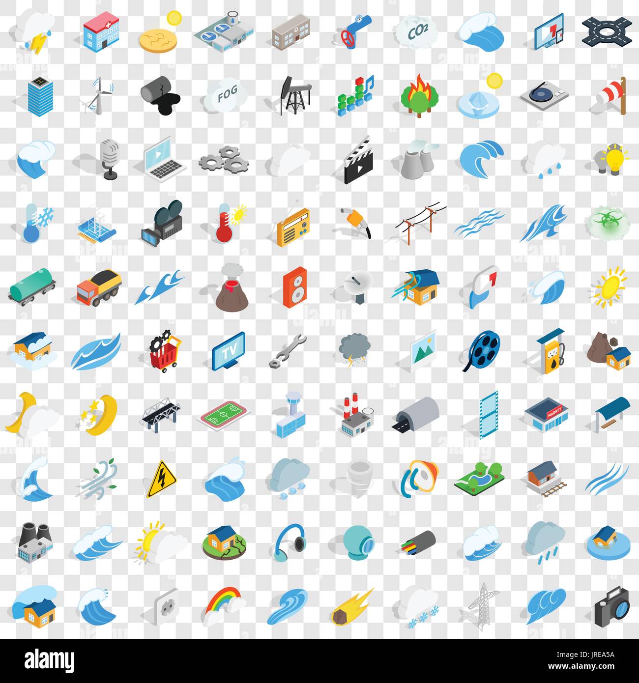 100 energy icons set, isometric 3d style Stock Vector