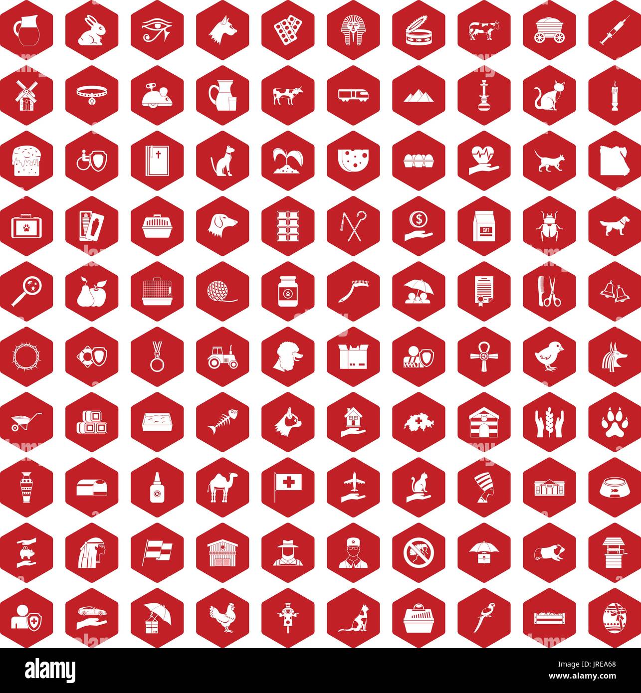 100 pets icons hexagon red Stock Vector