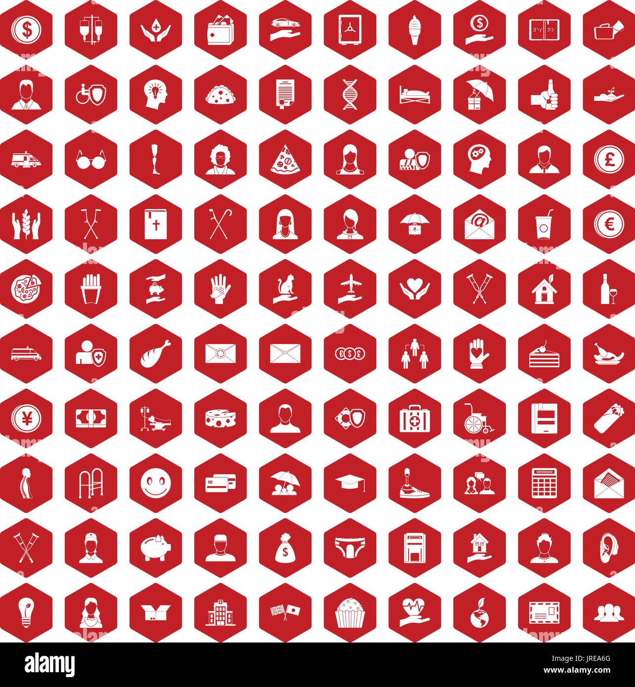 100 philanthropy icons hexagon red Stock Vector