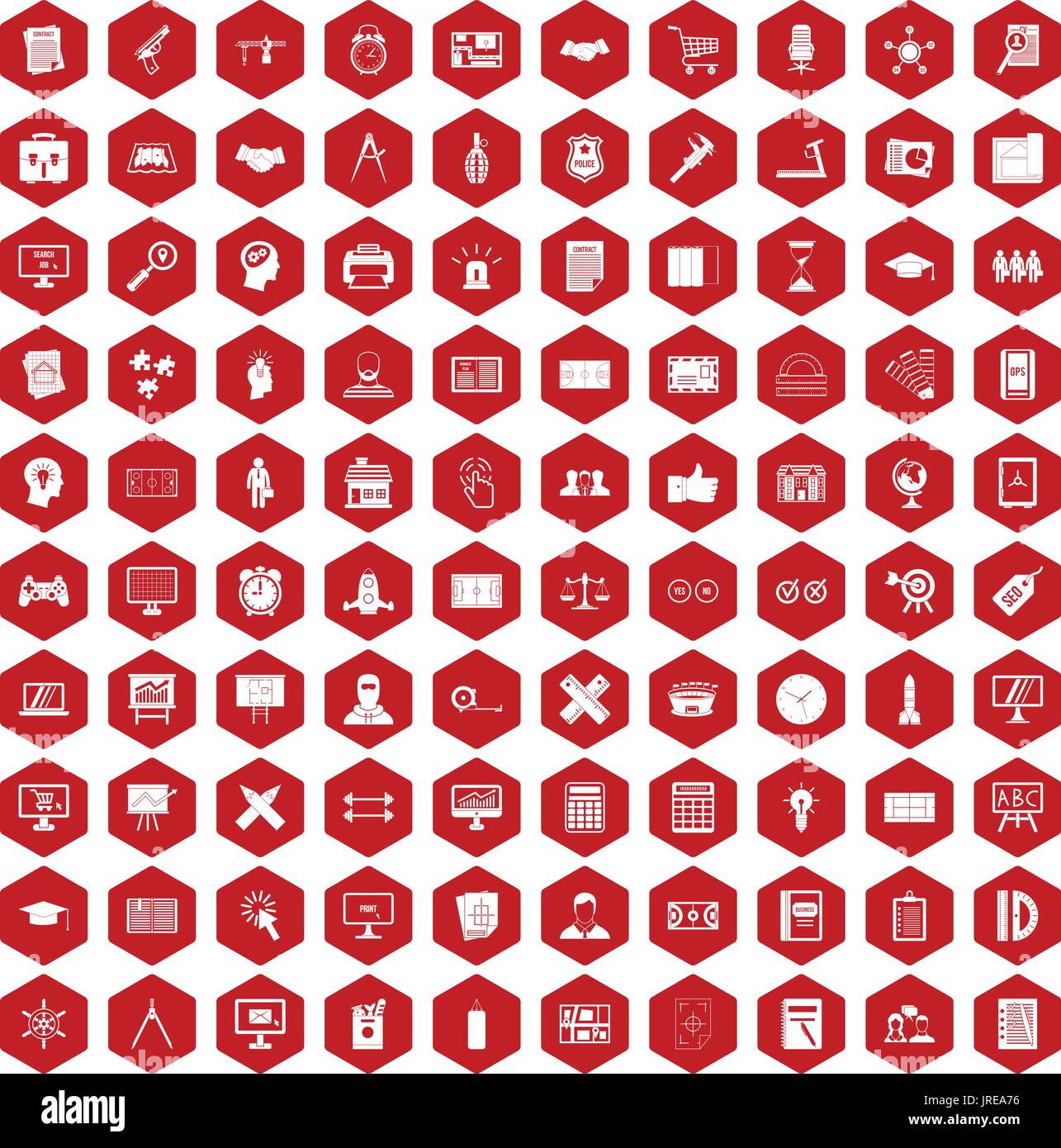 100 plan icons hexagon red Stock Vector