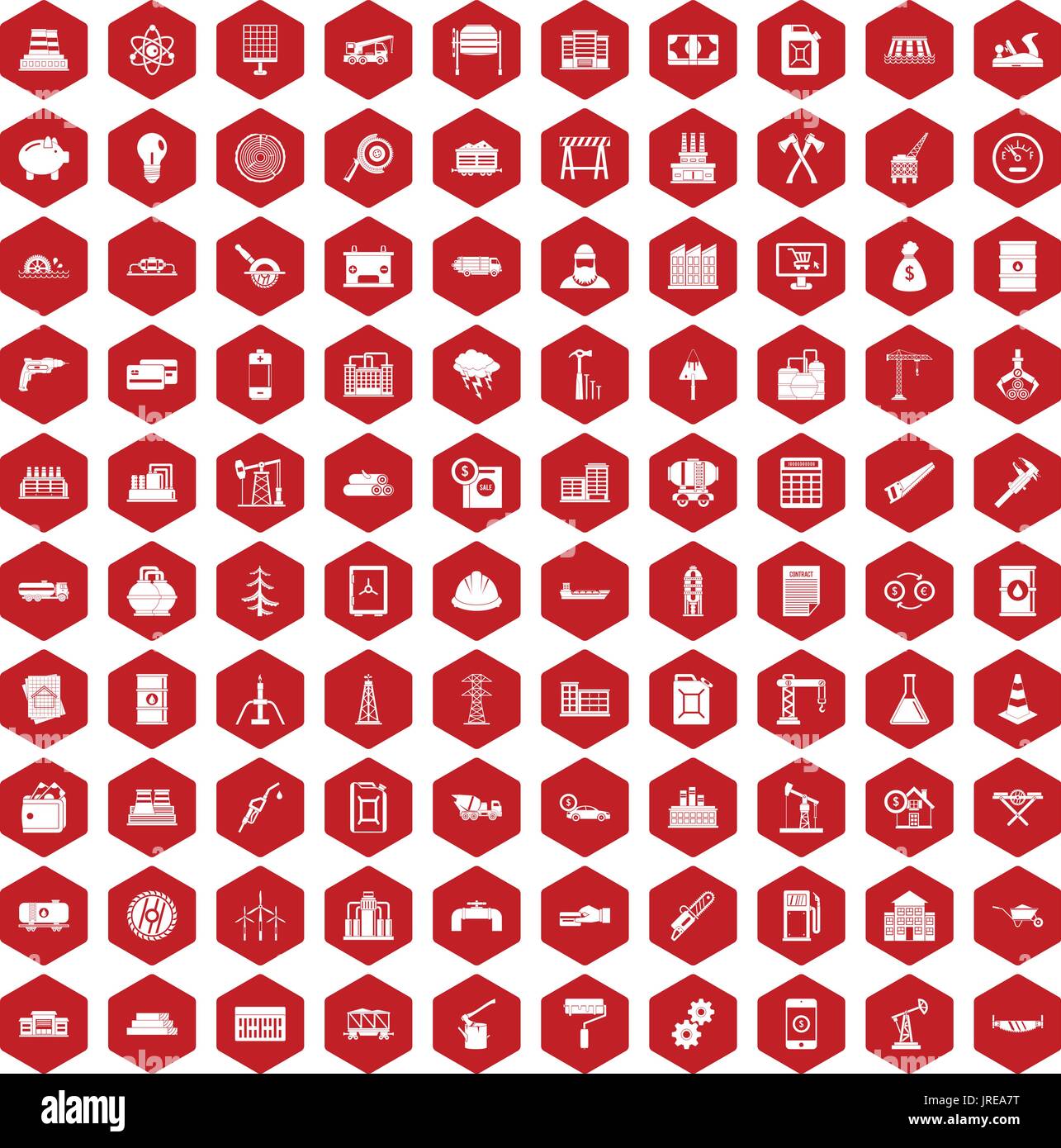 100 plant icons hexagon red Stock Vector
