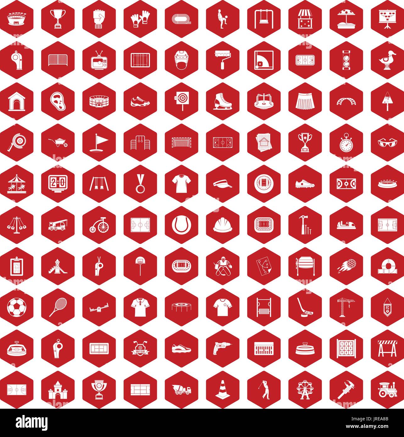 100 playground icons hexagon red Stock Vector