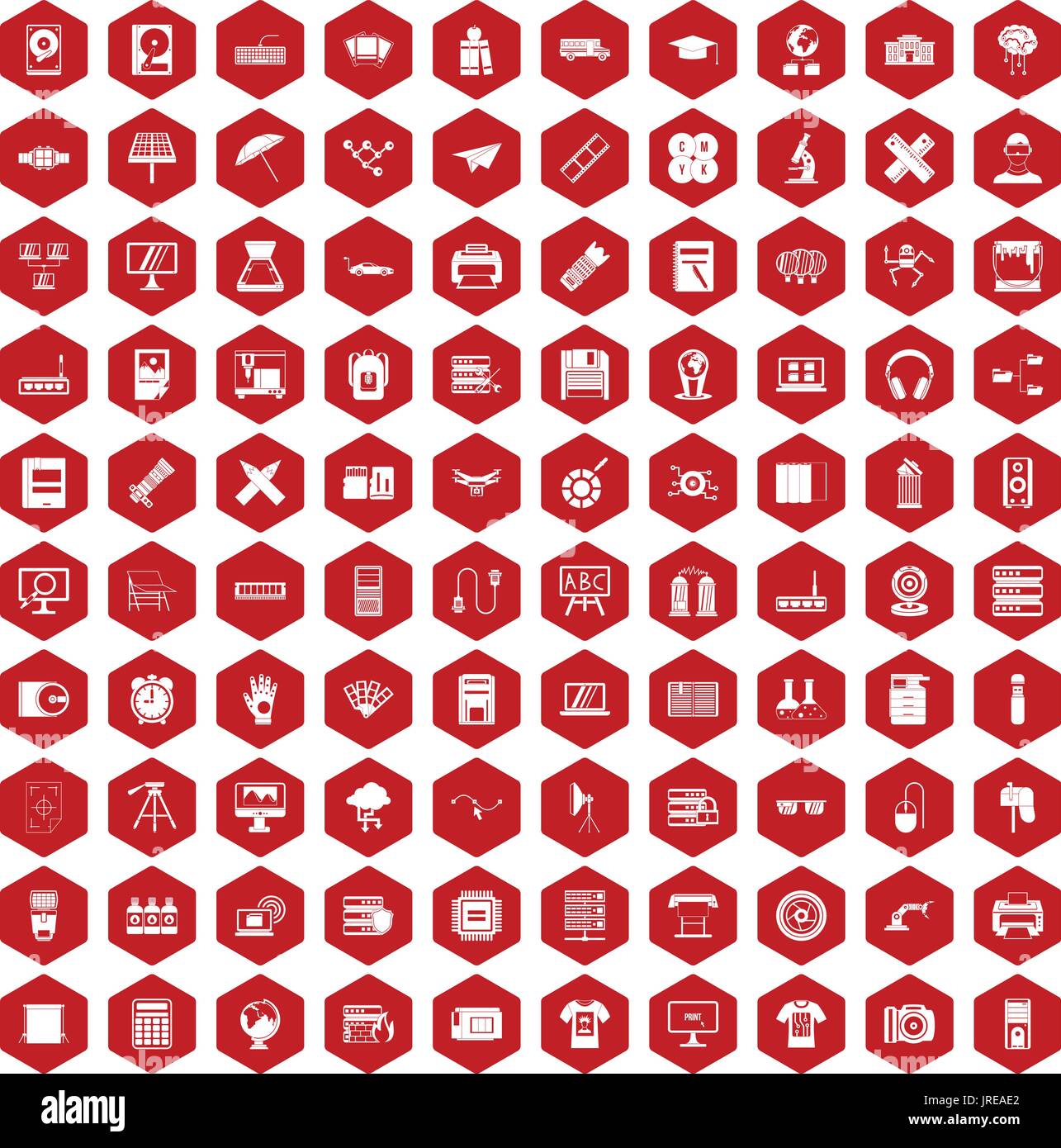 100 printer icons hexagon red Stock Vector