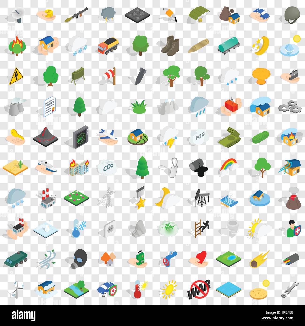 100 fire icons set, isometric 3d style Stock Vector