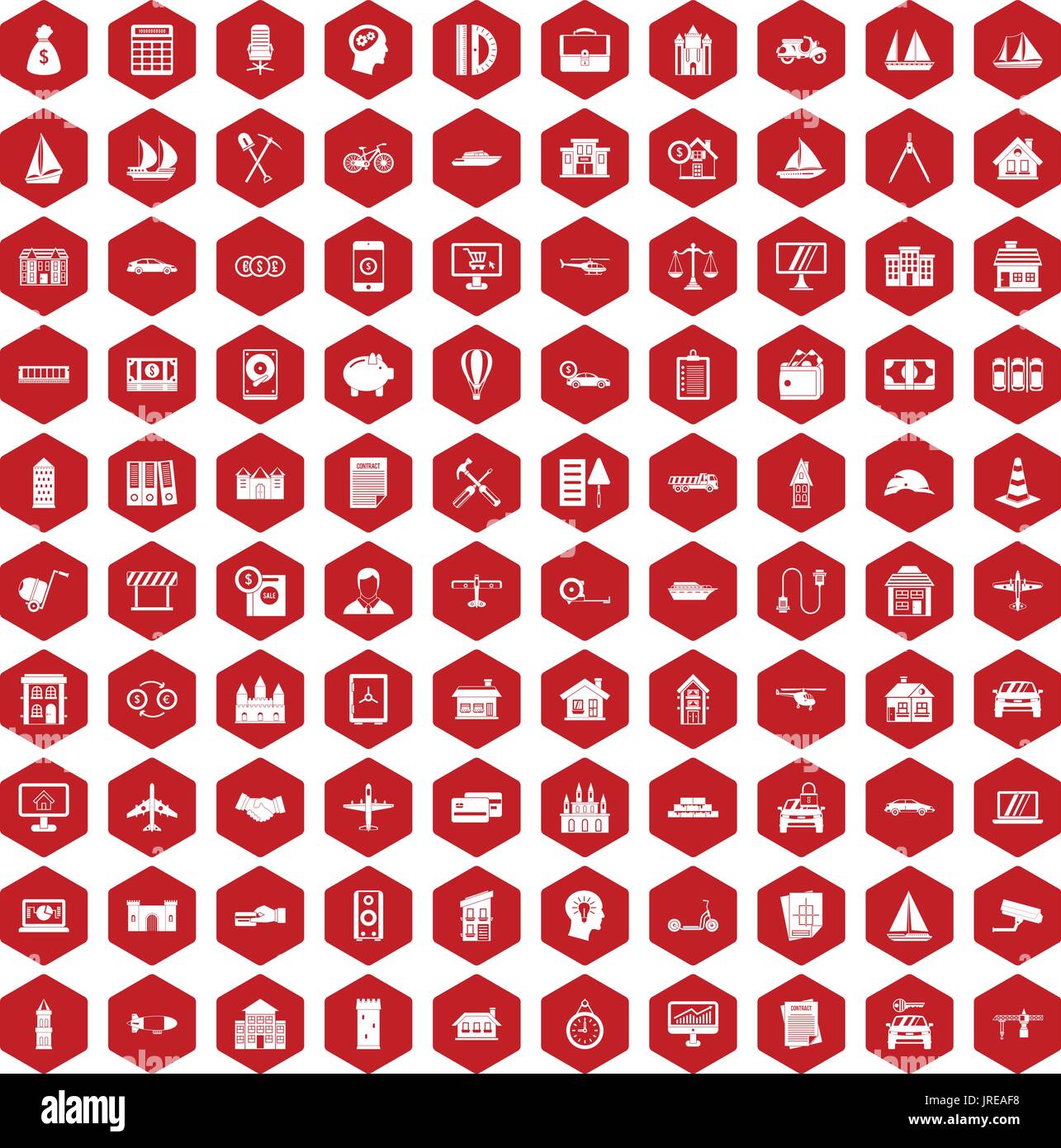 100 private property icons hexagon red Stock Vector