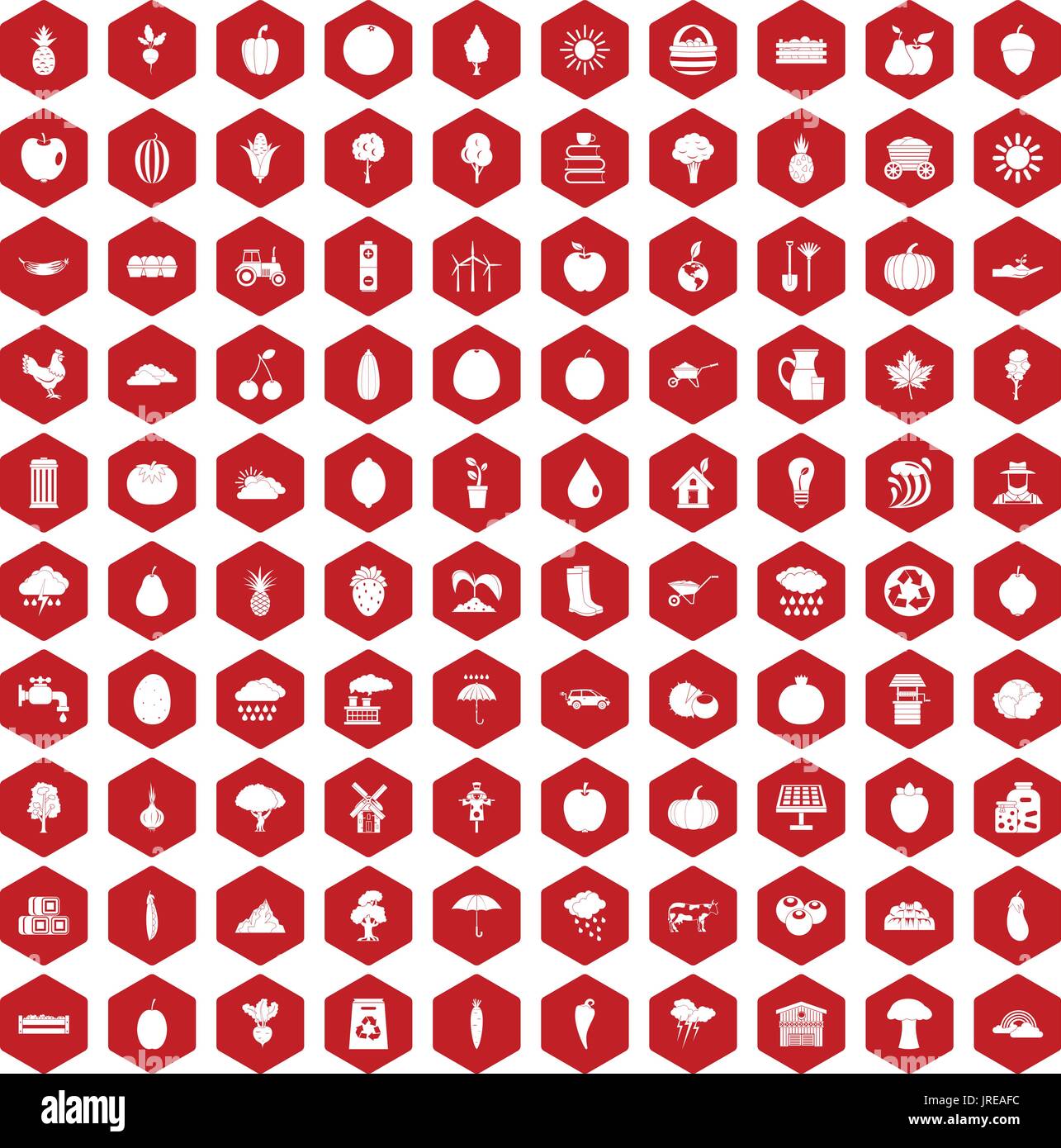 100 productiveness icons hexagon red Stock Vector