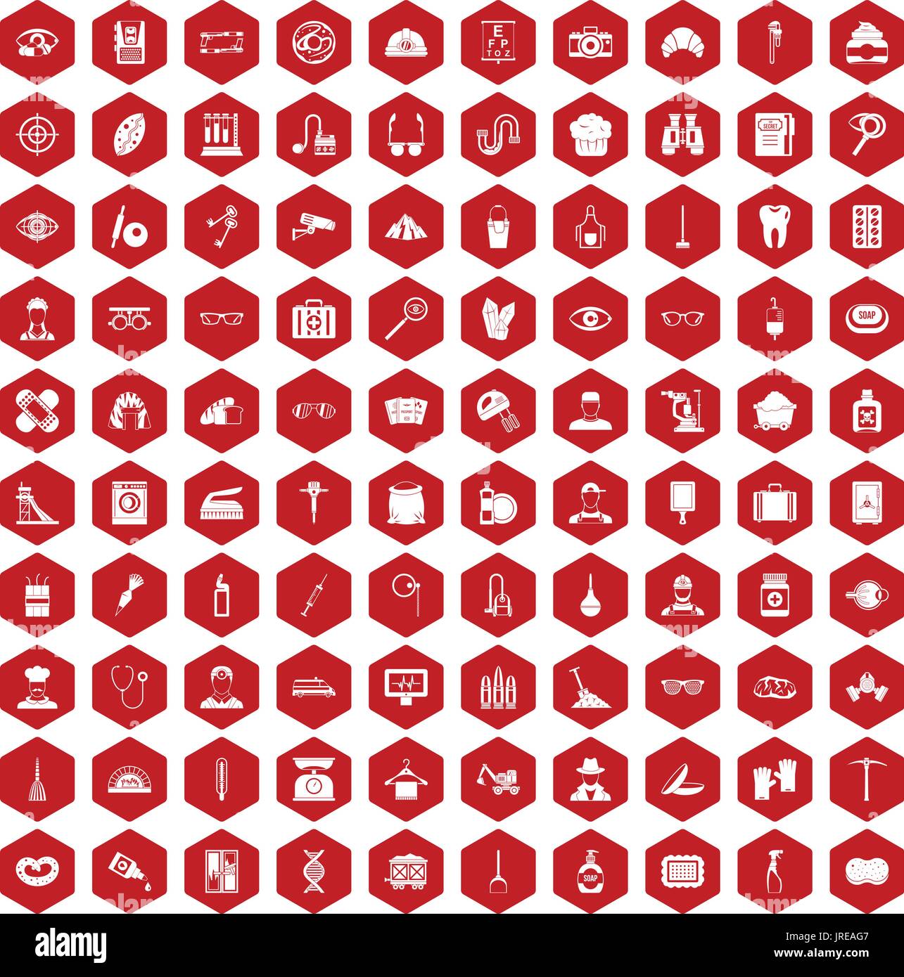 100 profession icons hexagon red Stock Vector
