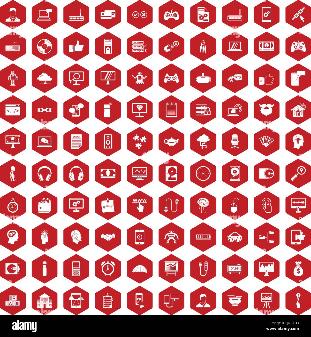 100 programmer icons hexagon red Stock Vector