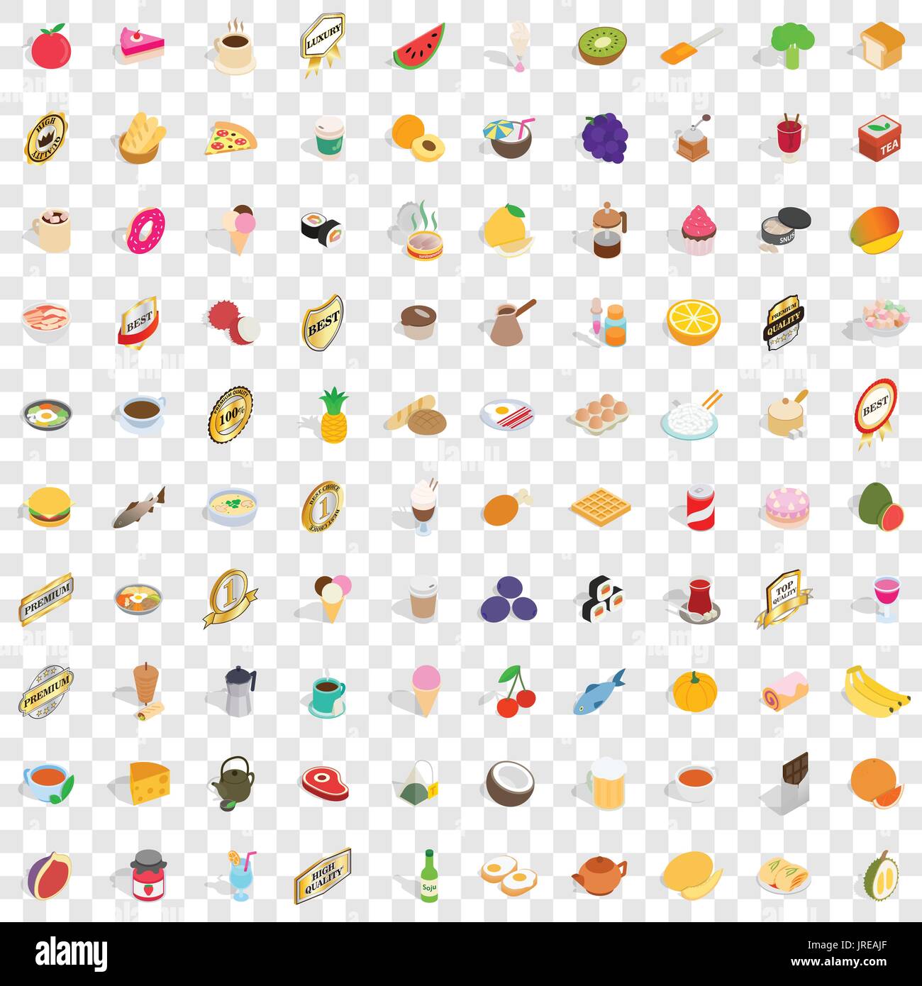 100 food and drinks icons set, isometric 3d style Stock Vector