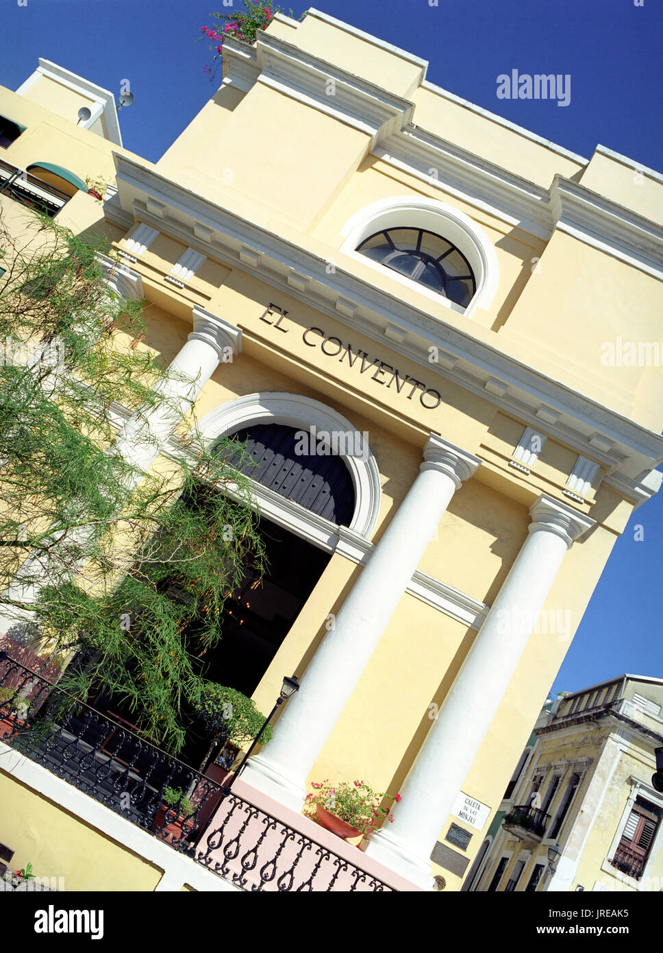 The outside entrance to the El Convento hotel in Old San Juan. An architectural landmark in the heart of historic Old San Juan, El Convento is a forme Stock Photo