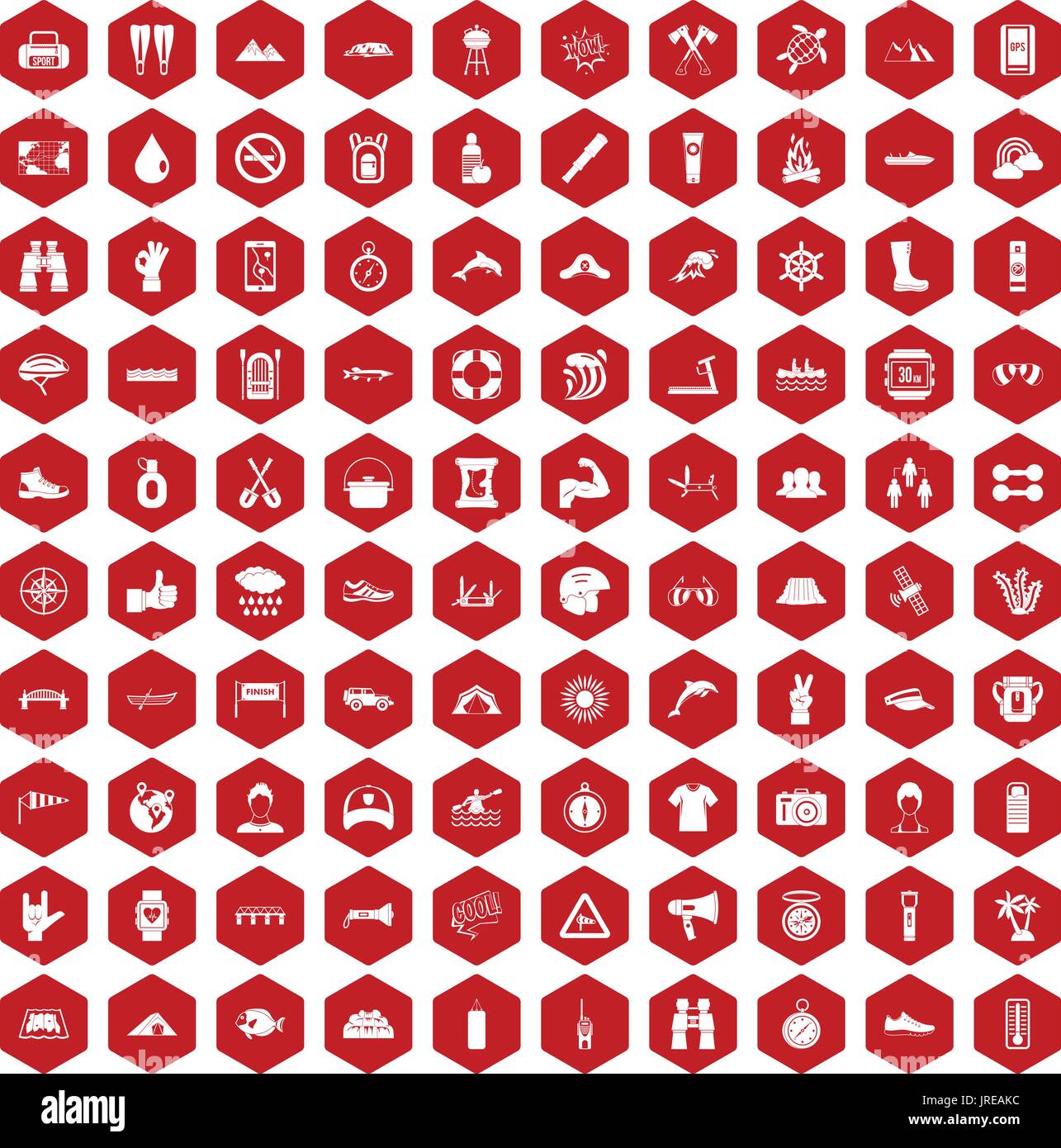 100 rafting icons hexagon red Stock Vector