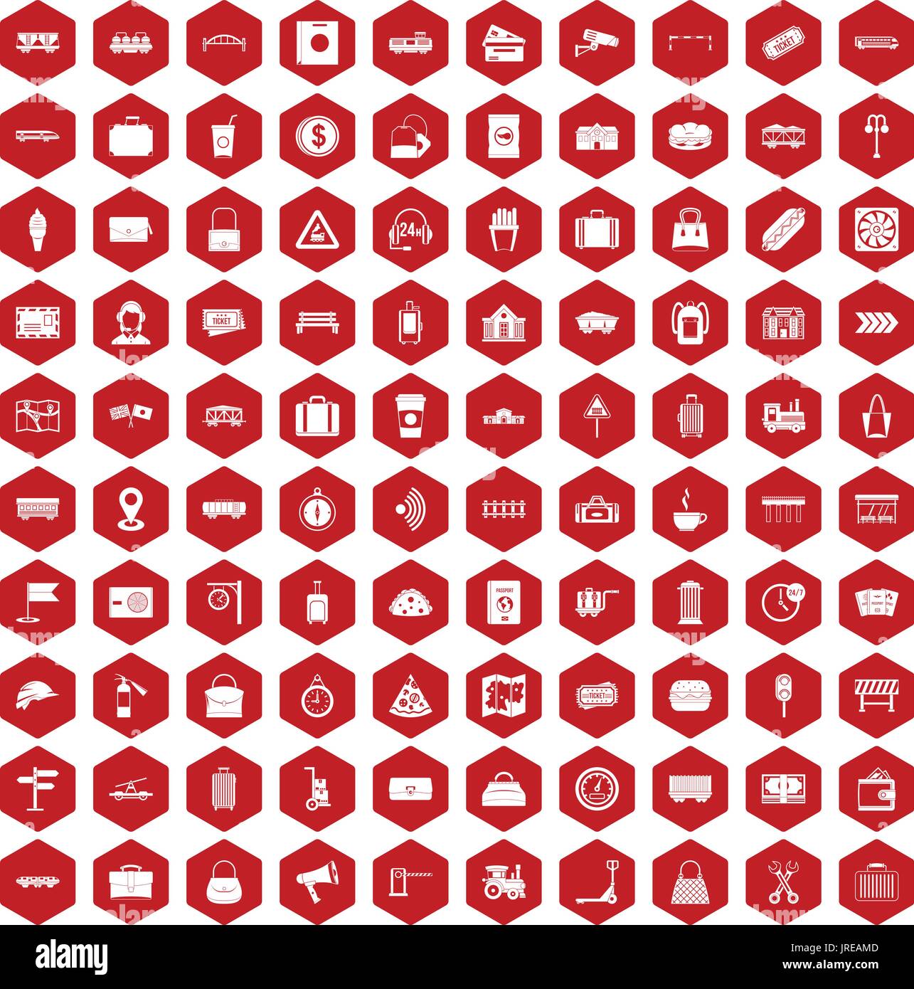 100 railway icons hexagon red Stock Vector