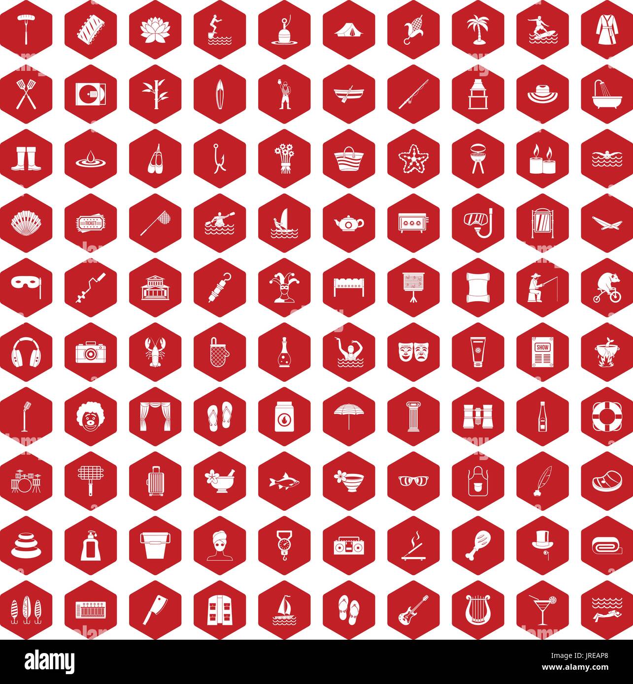 100 recreation icons hexagon red Stock Vector