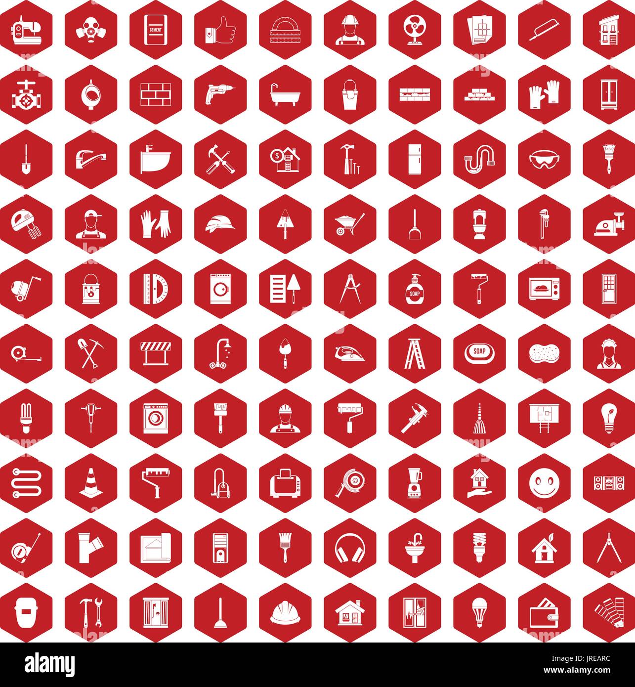 100 renovation icons hexagon red Stock Vector