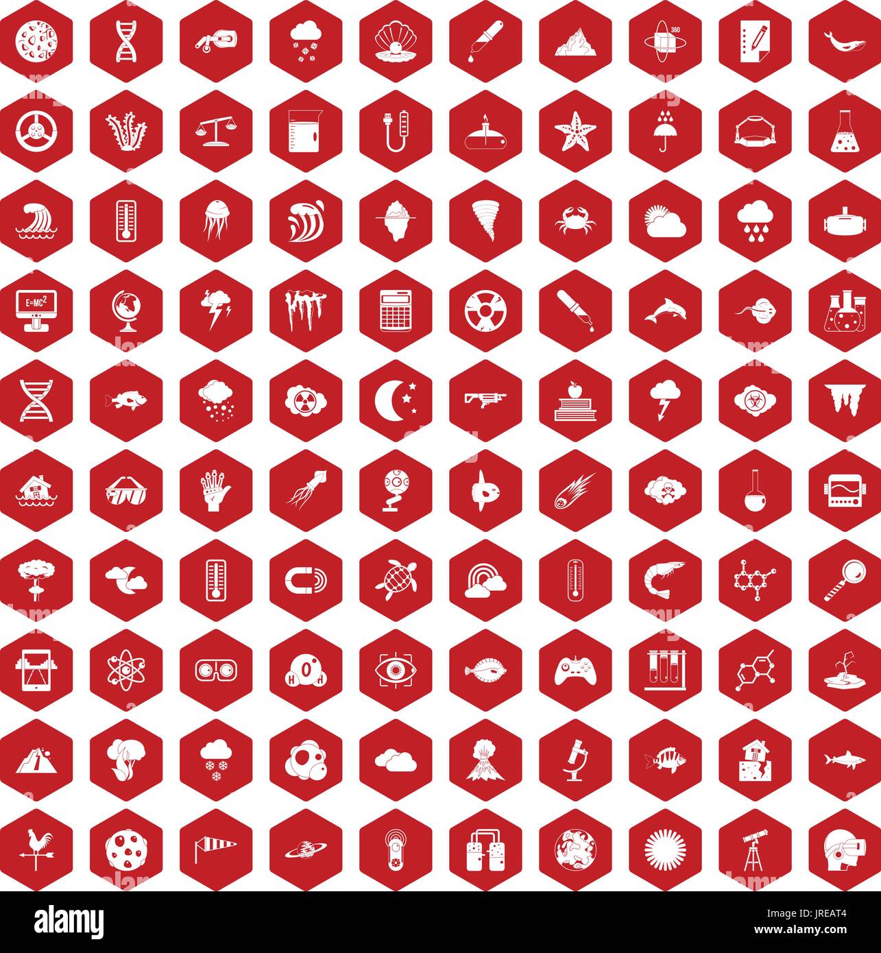 100 research icons hexagon red Stock Vector