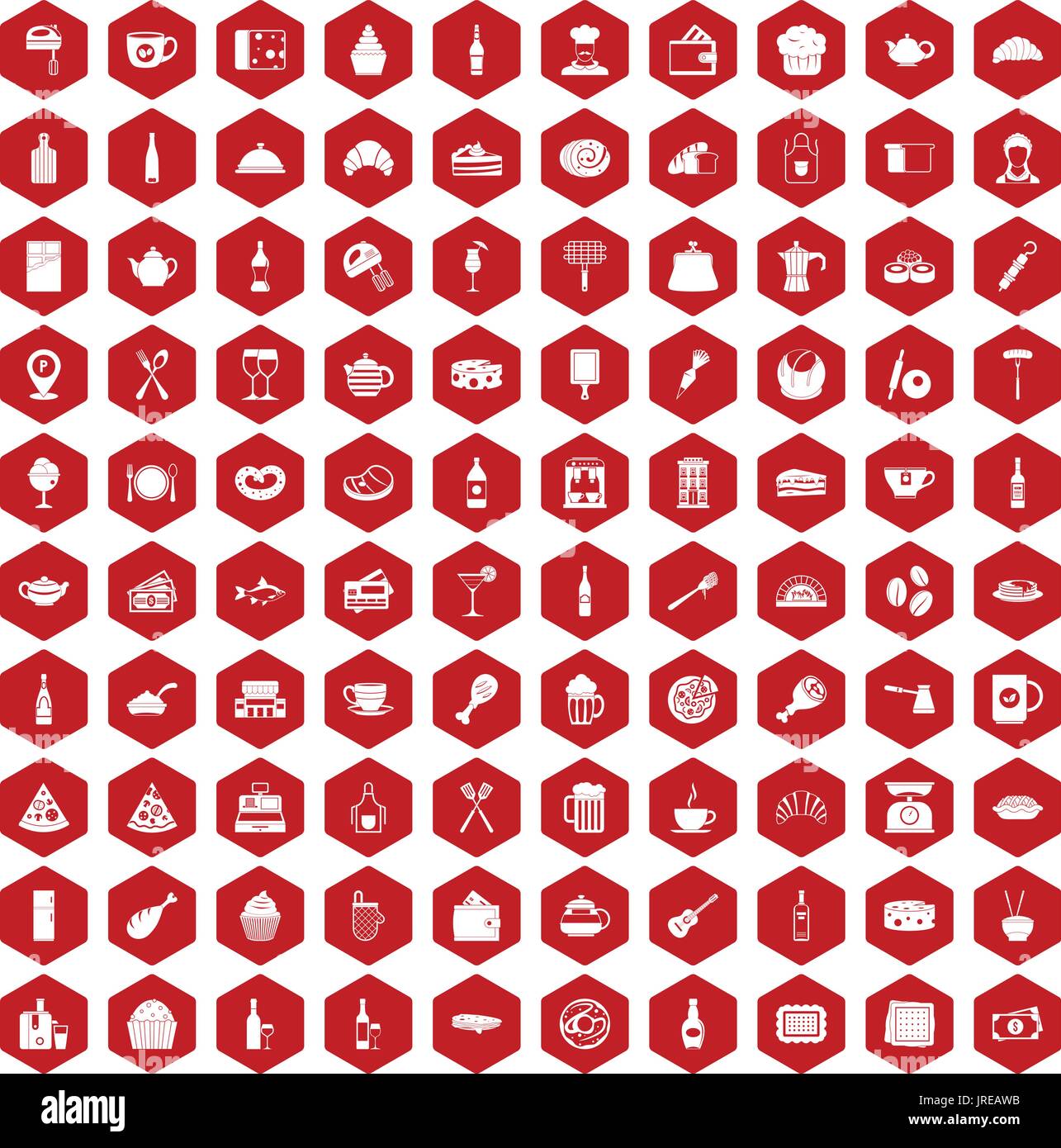100 restaurant icons hexagon red Stock Vector