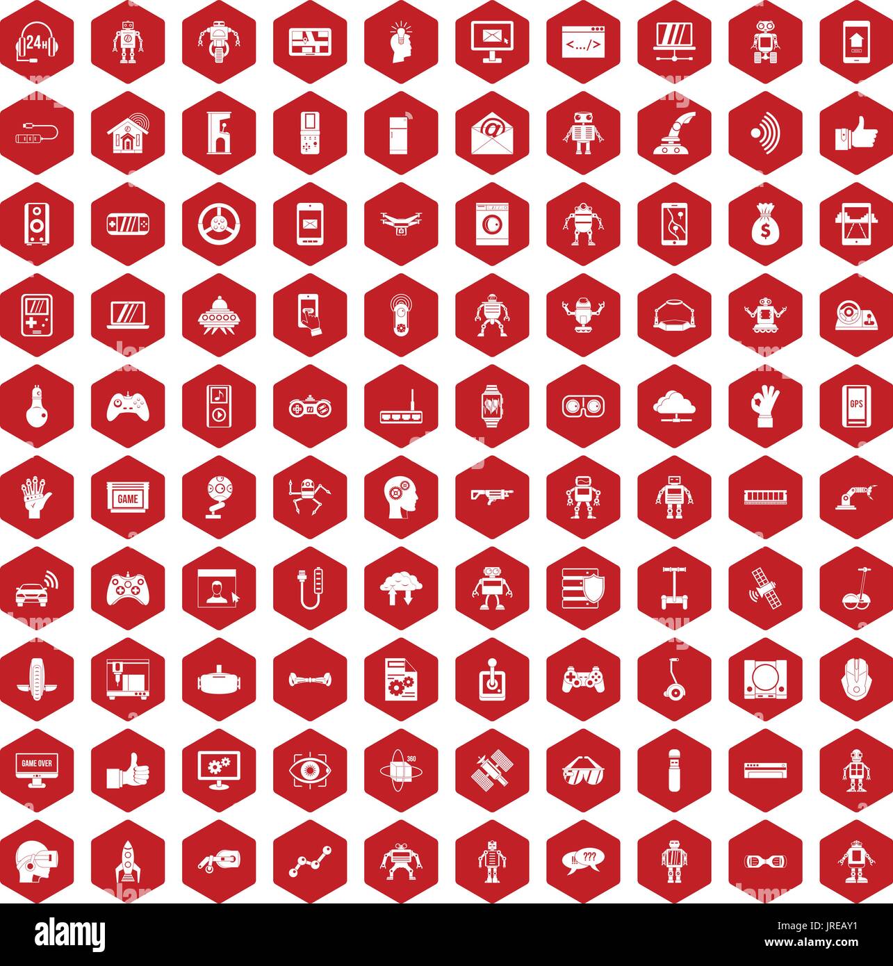 100 robot icons hexagon red Stock Vector