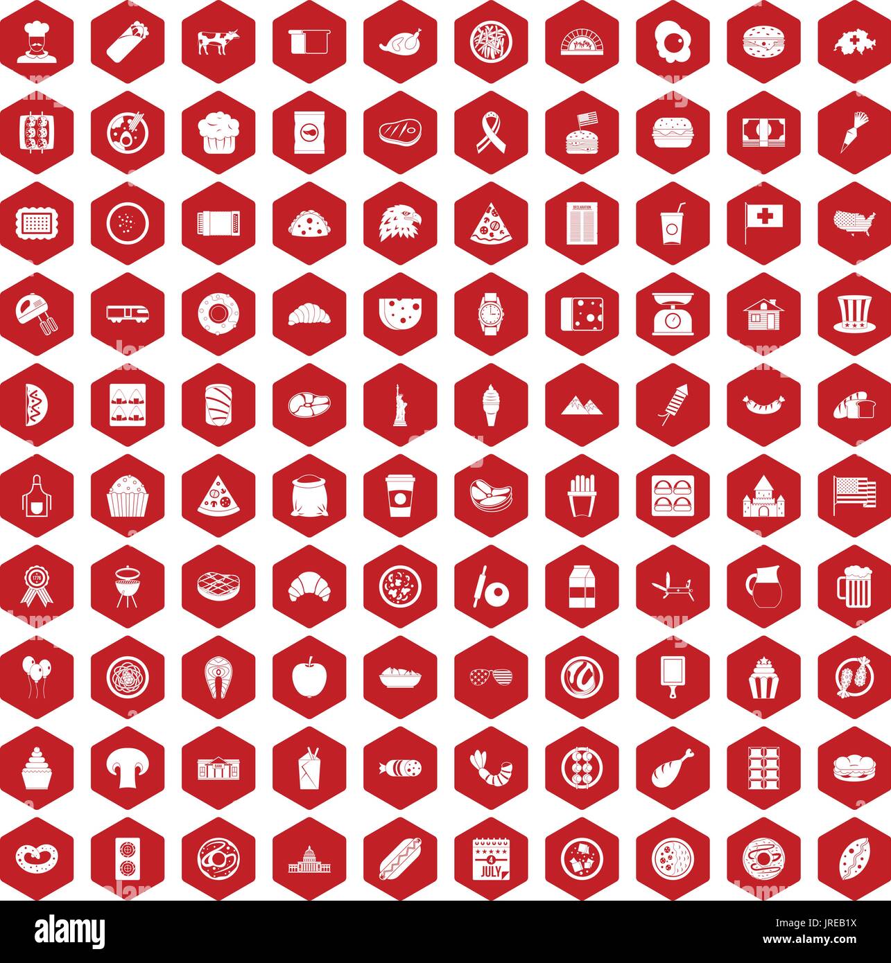 100 sandwich icons hexagon red Stock Vector
