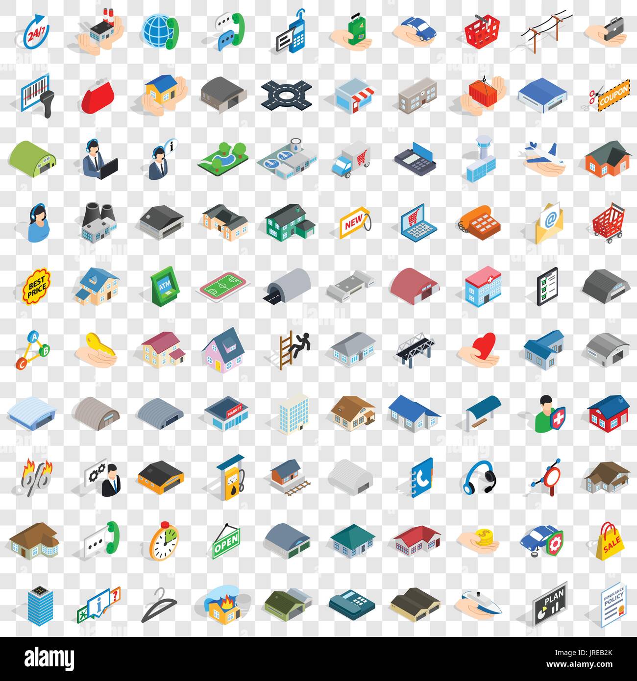 100 hangar icons set, isometric 3d style Stock Vector