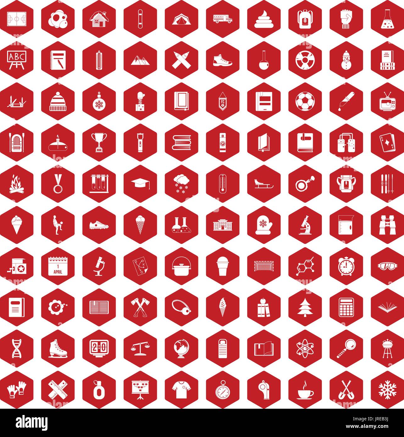 100 school years icons hexagon red Stock Vector