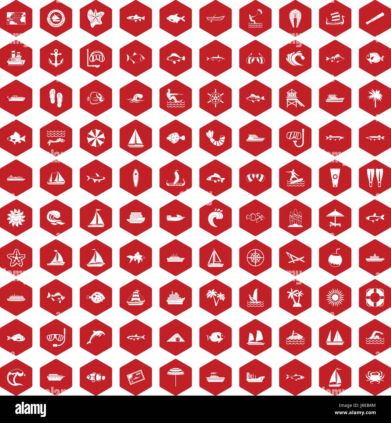 100 sea icons hexagon red Stock Vector