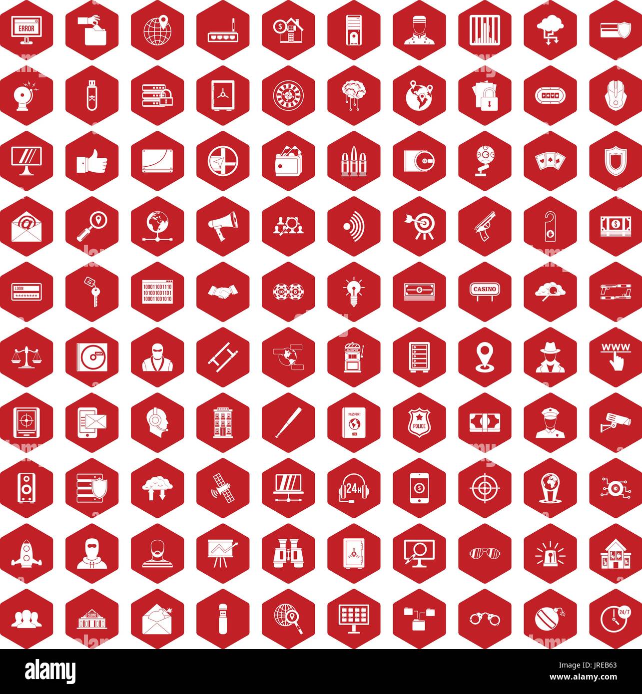 100 security icons hexagon red Stock Vector