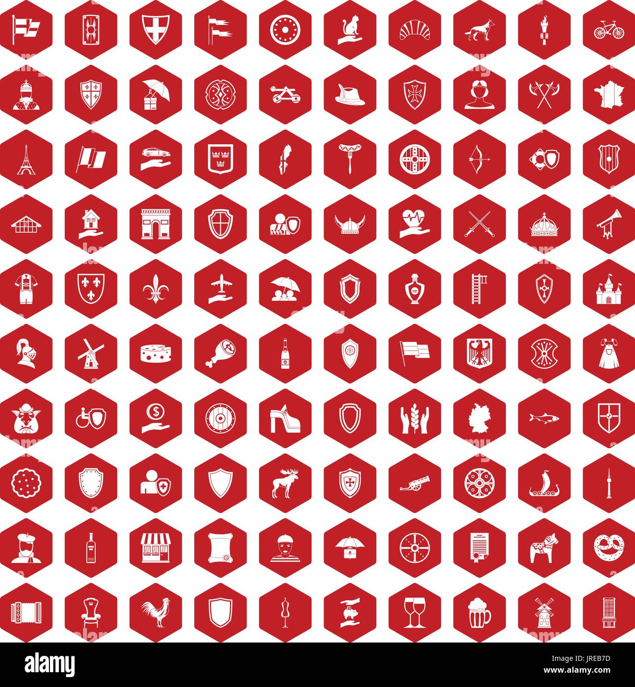 100 shield icons hexagon red Stock Vector