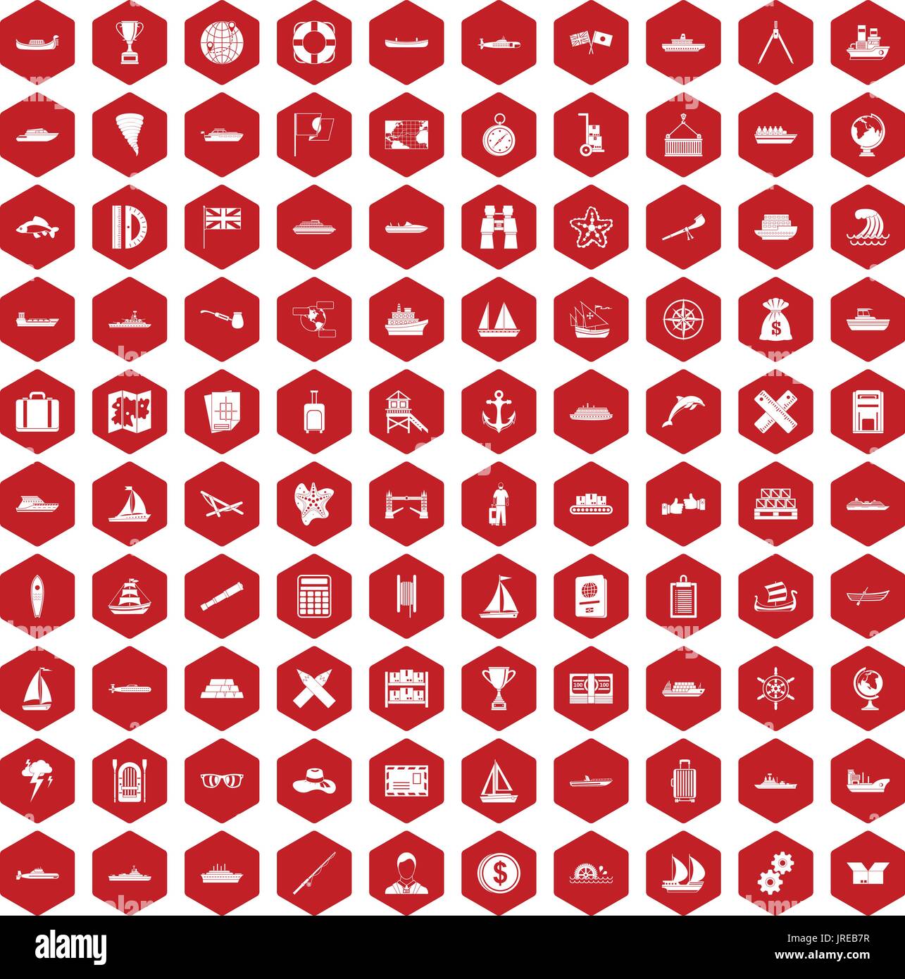 100 shipping icons hexagon red Stock Vector