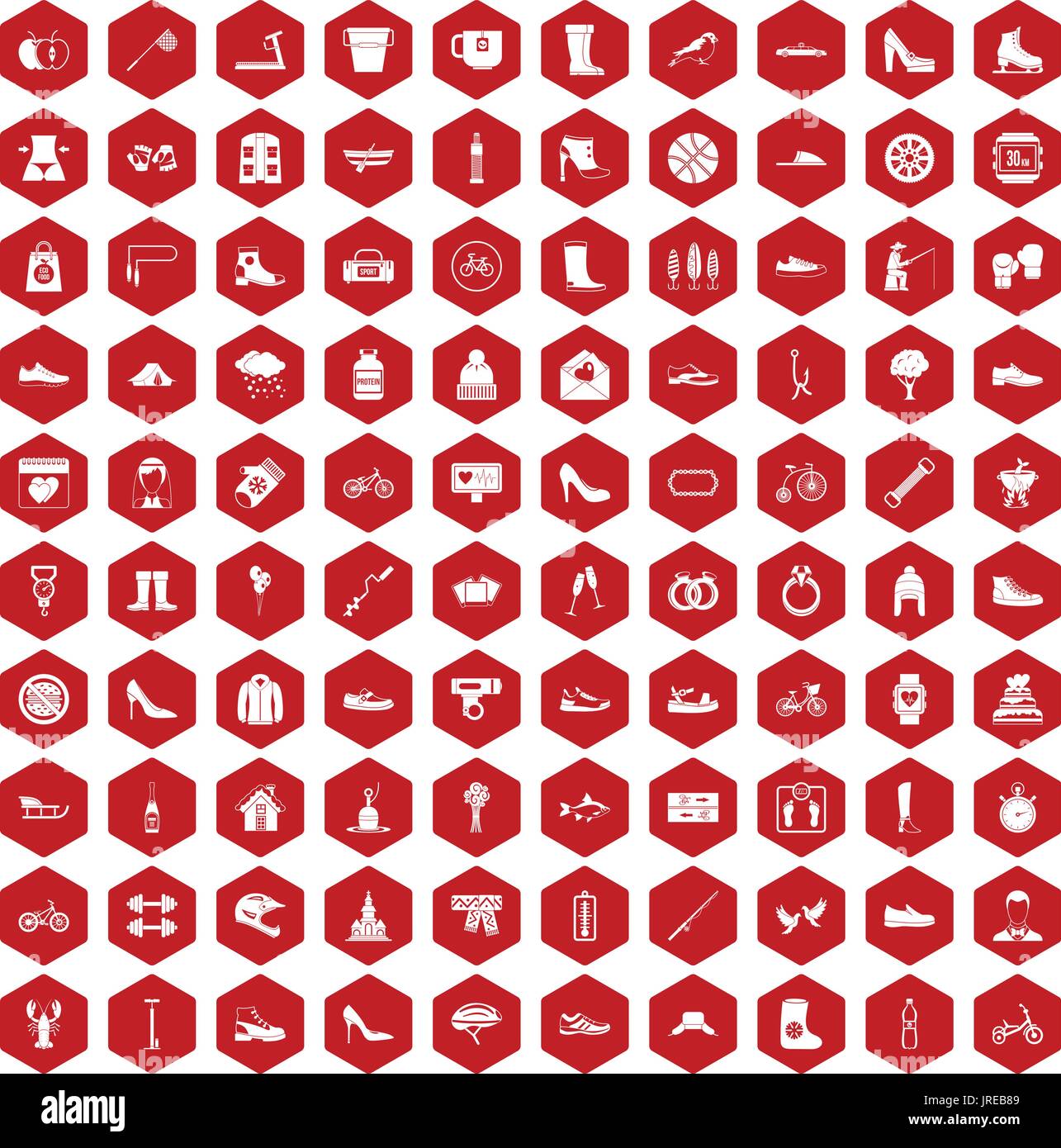 100 shoe icons hexagon red Stock Vector