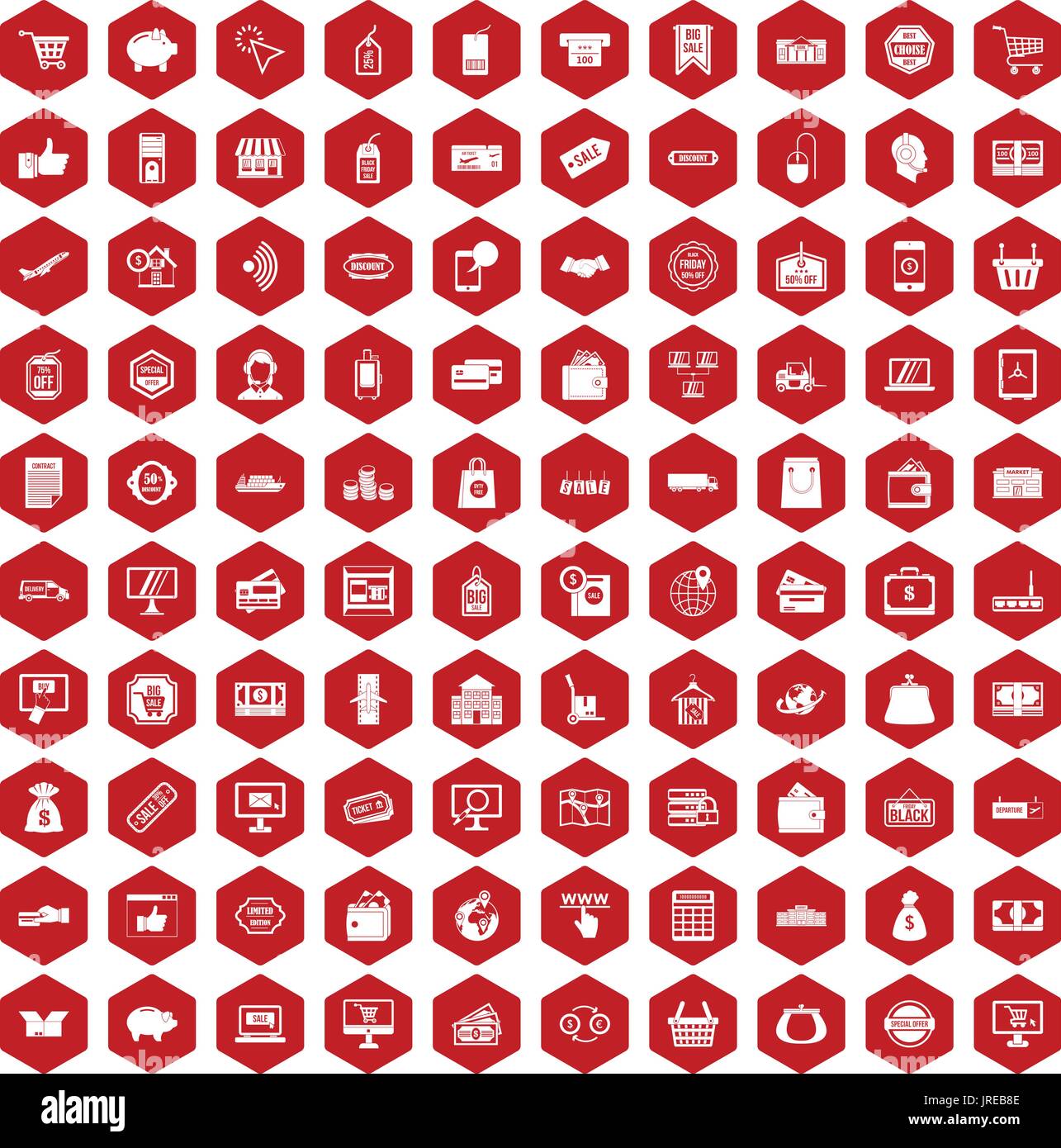 100 shopping icons hexagon red Stock Vector