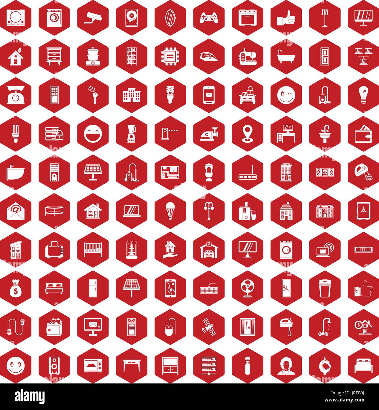 100 smart house icons hexagon red Stock Vector