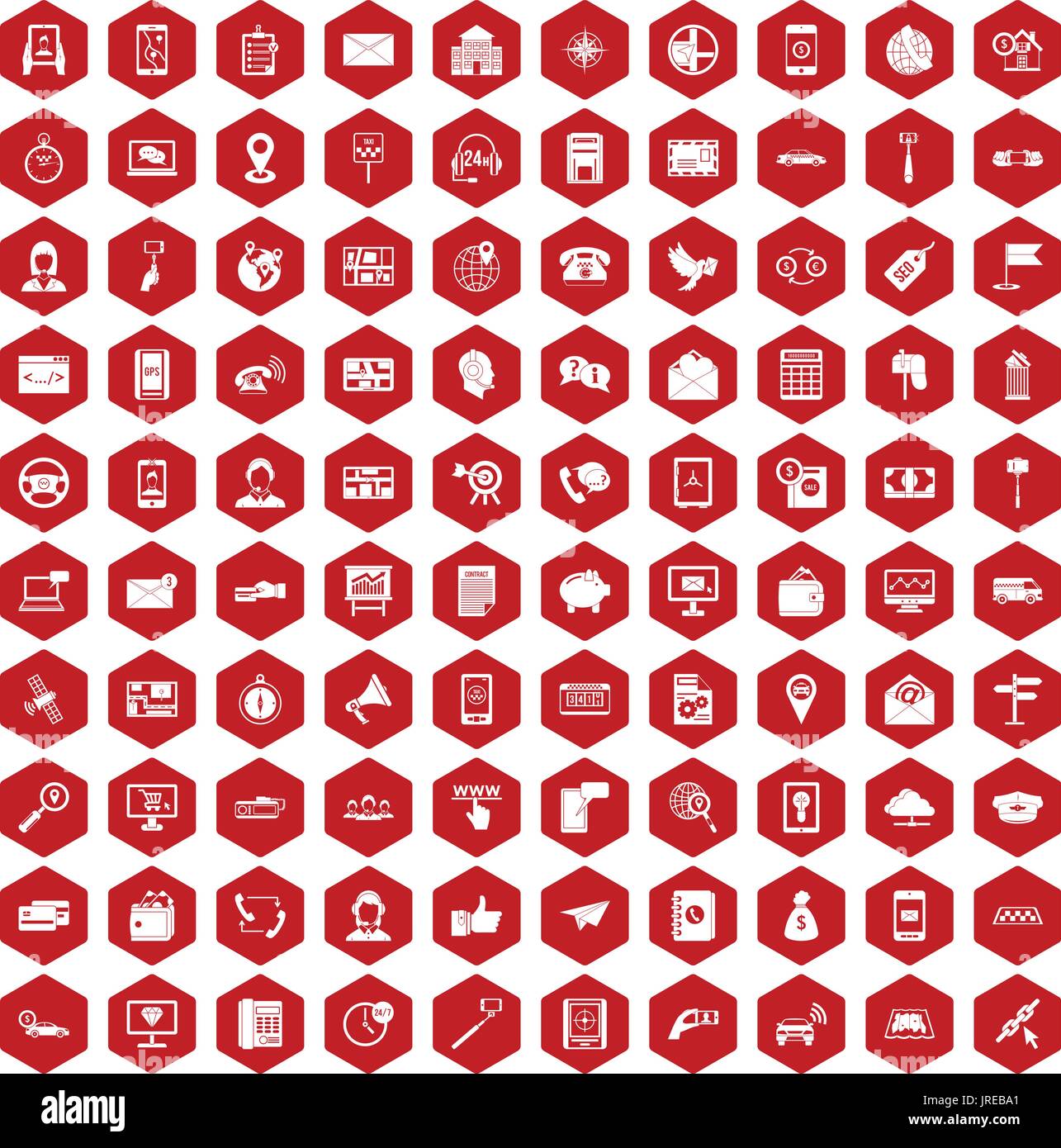 100 smartphone icons hexagon red Stock Vector