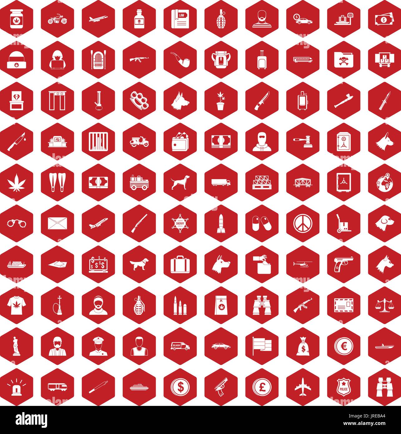 100 smuggling icons hexagon red Stock Vector