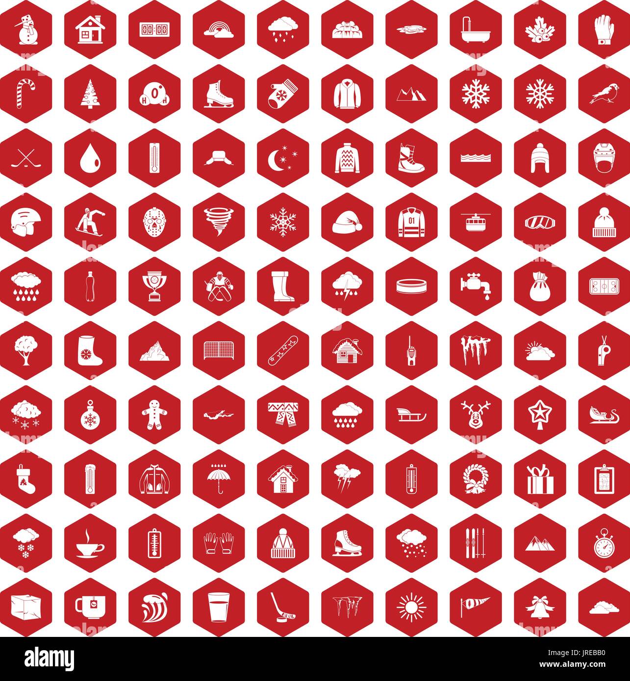 100 snow icons hexagon red Stock Vector