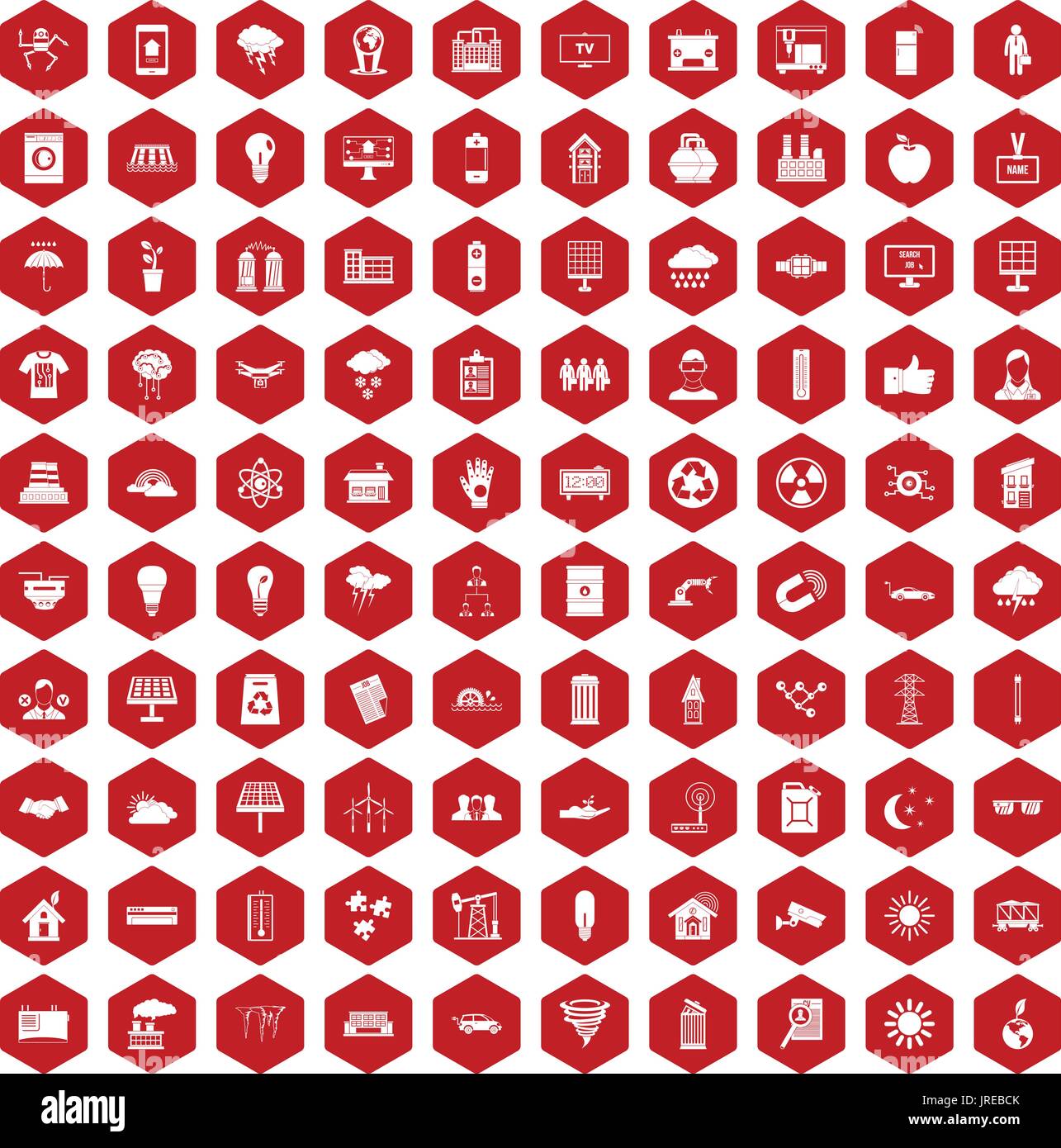 100 solar energy icons hexagon red Stock Vector