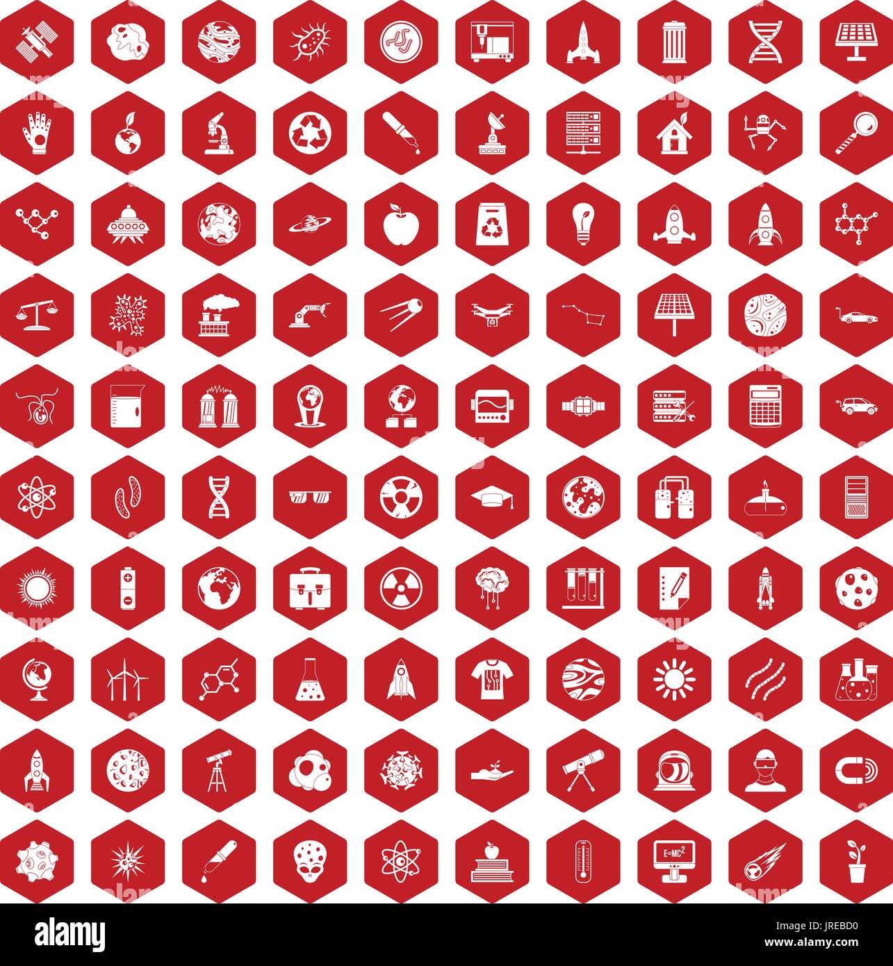 100 space technology icons hexagon red Stock Vector