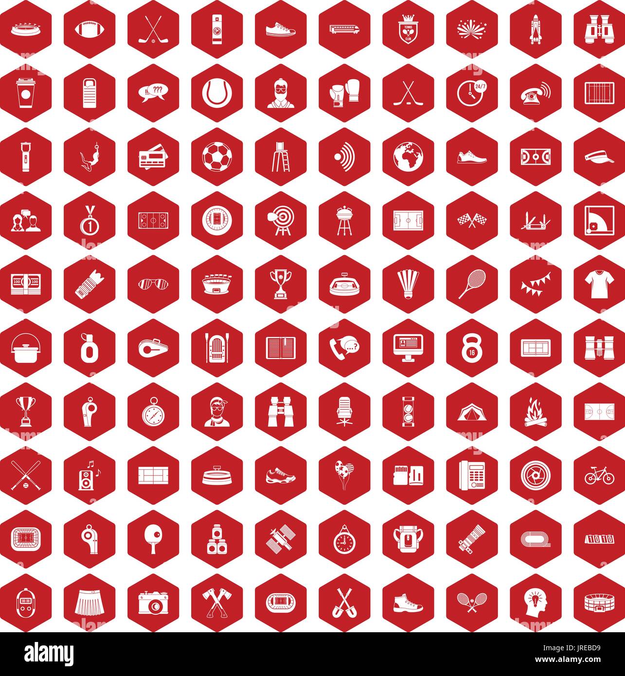 100 sport journalist icons hexagon red Stock Vector