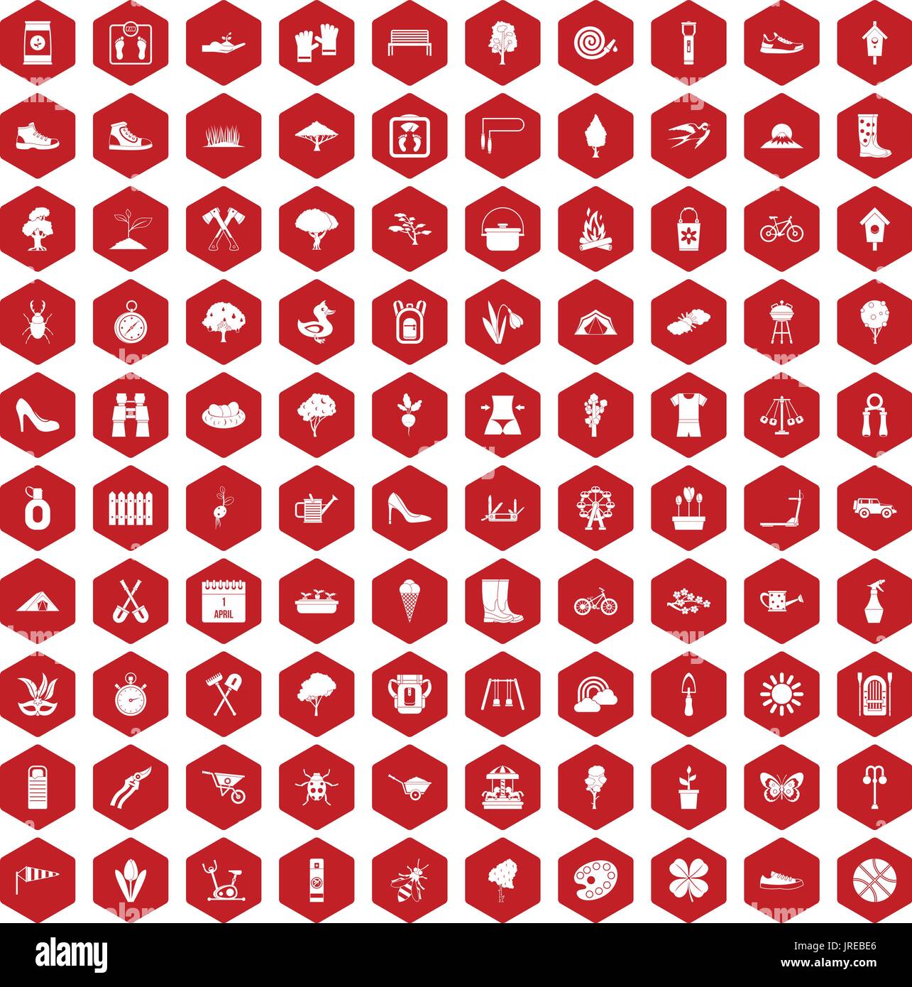 100 spring icons hexagon red Stock Vector