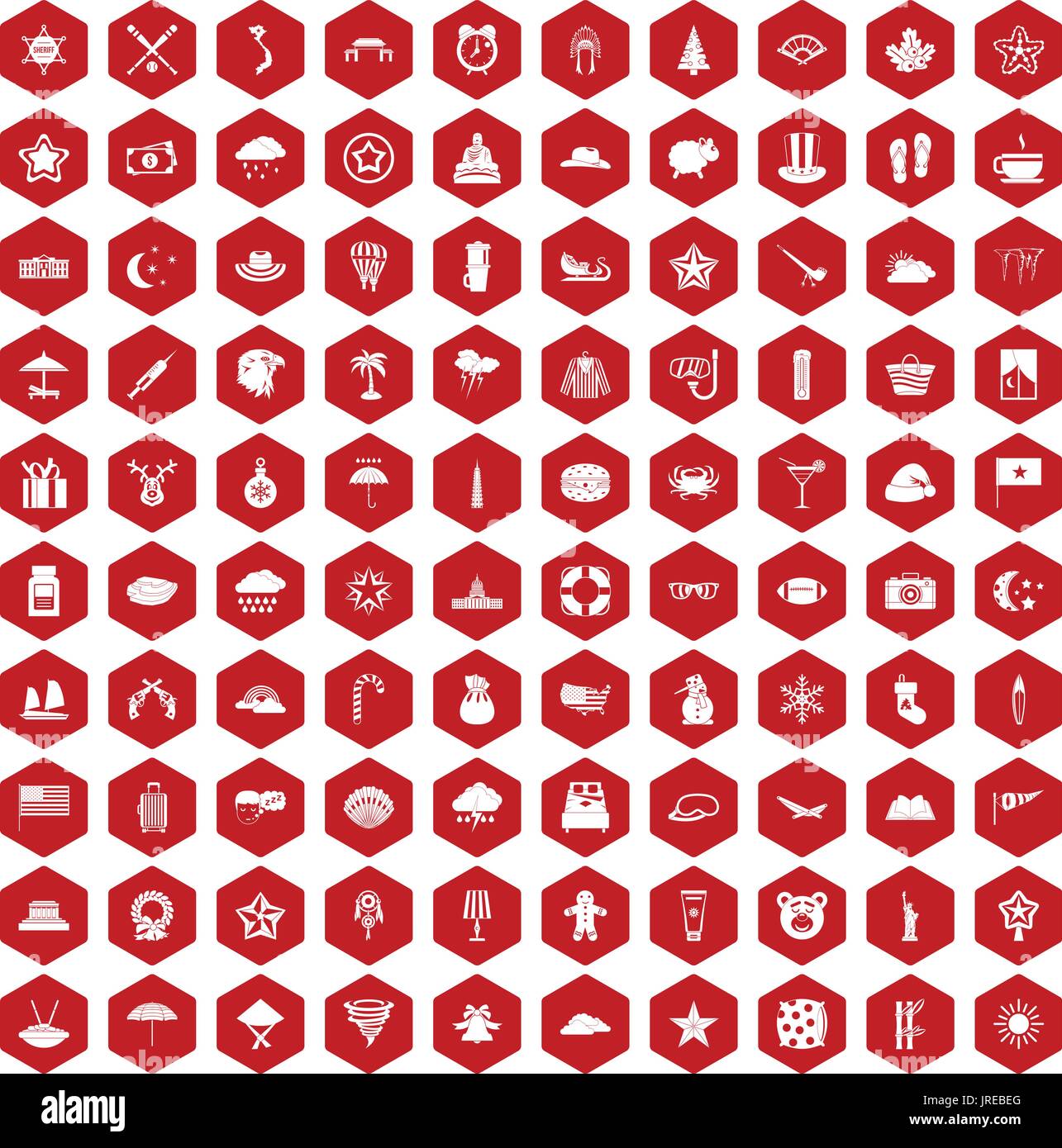 100 star icons hexagon red Stock Vector