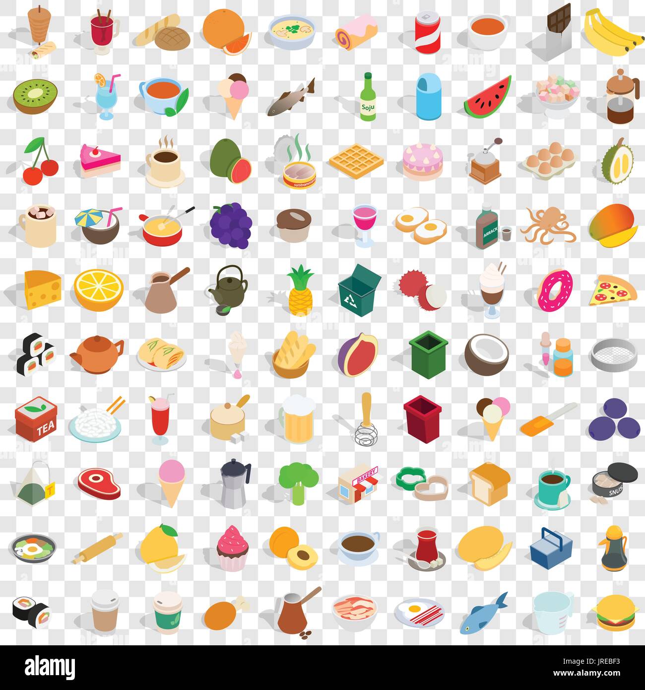 100 kitchen icons set, isometric 3d style Stock Vector