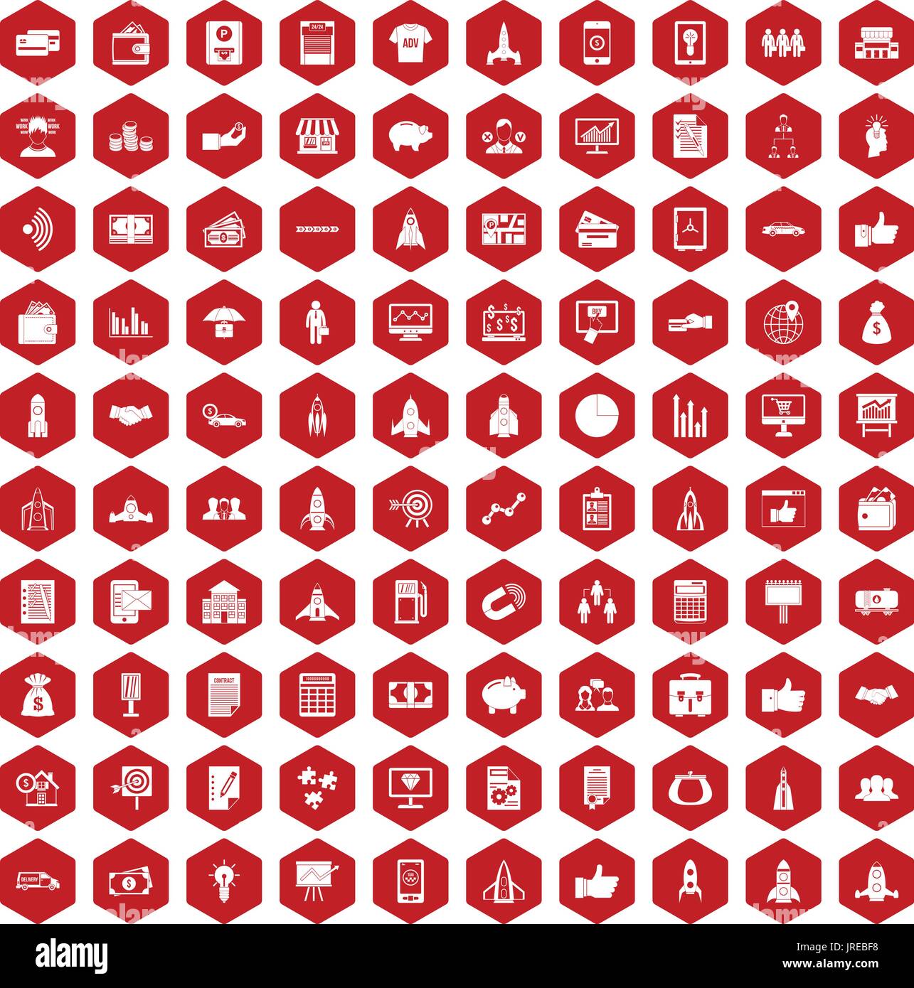 100 startup icons hexagon red Stock Vector