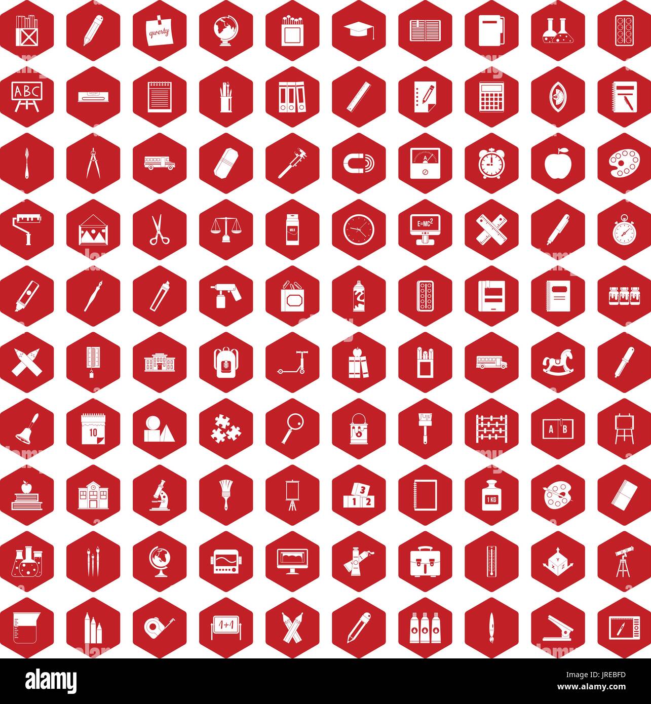100 stationery icons hexagon red Stock Vector