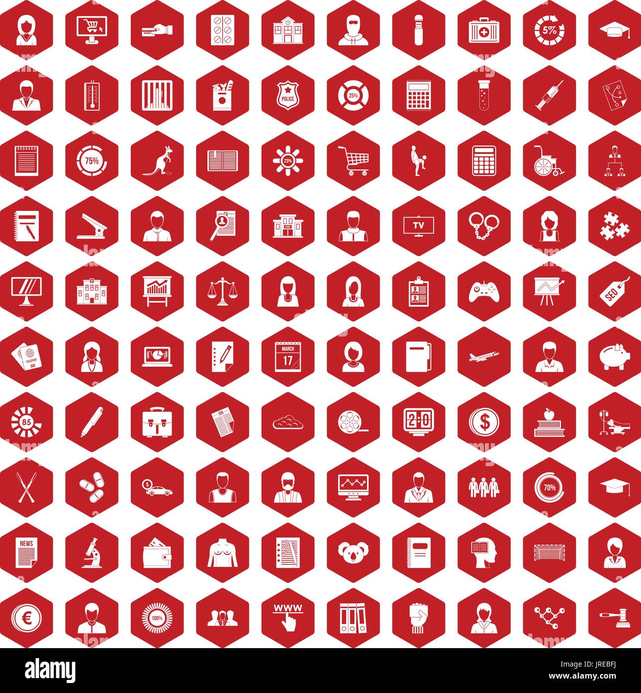 100 statistic data icons hexagon red Stock Vector