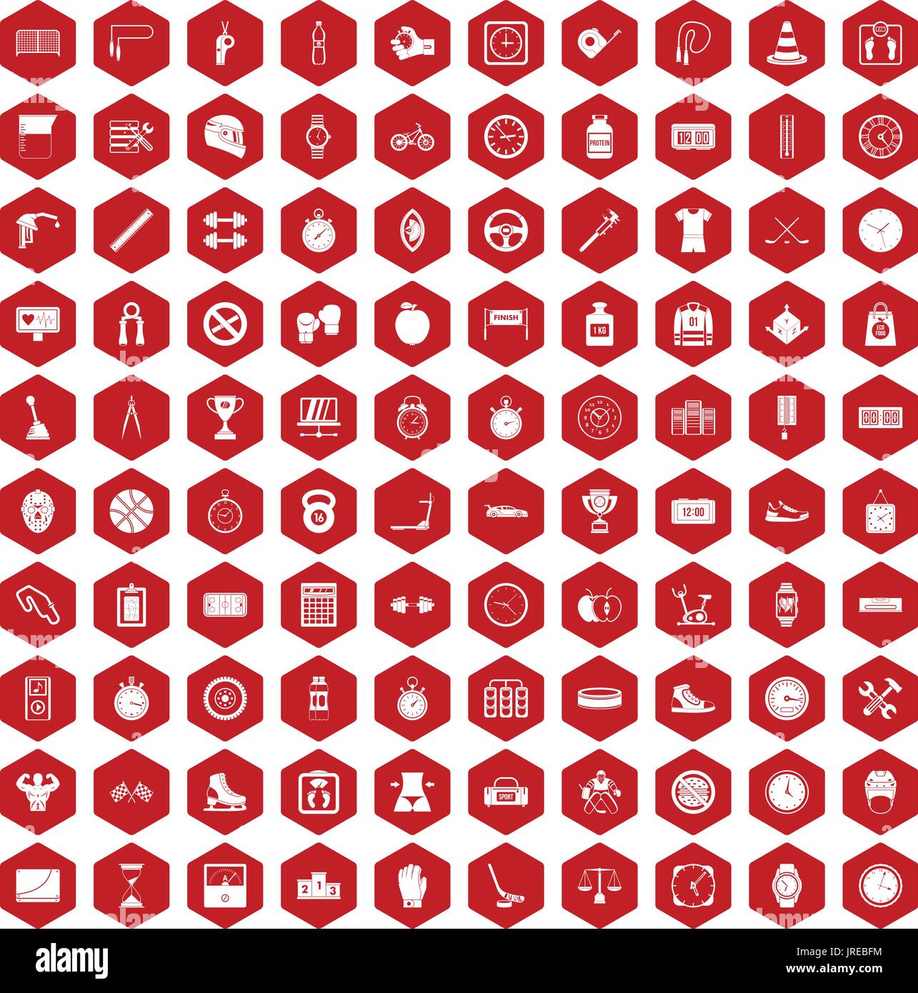 100 stopwatch icons hexagon red Stock Vector