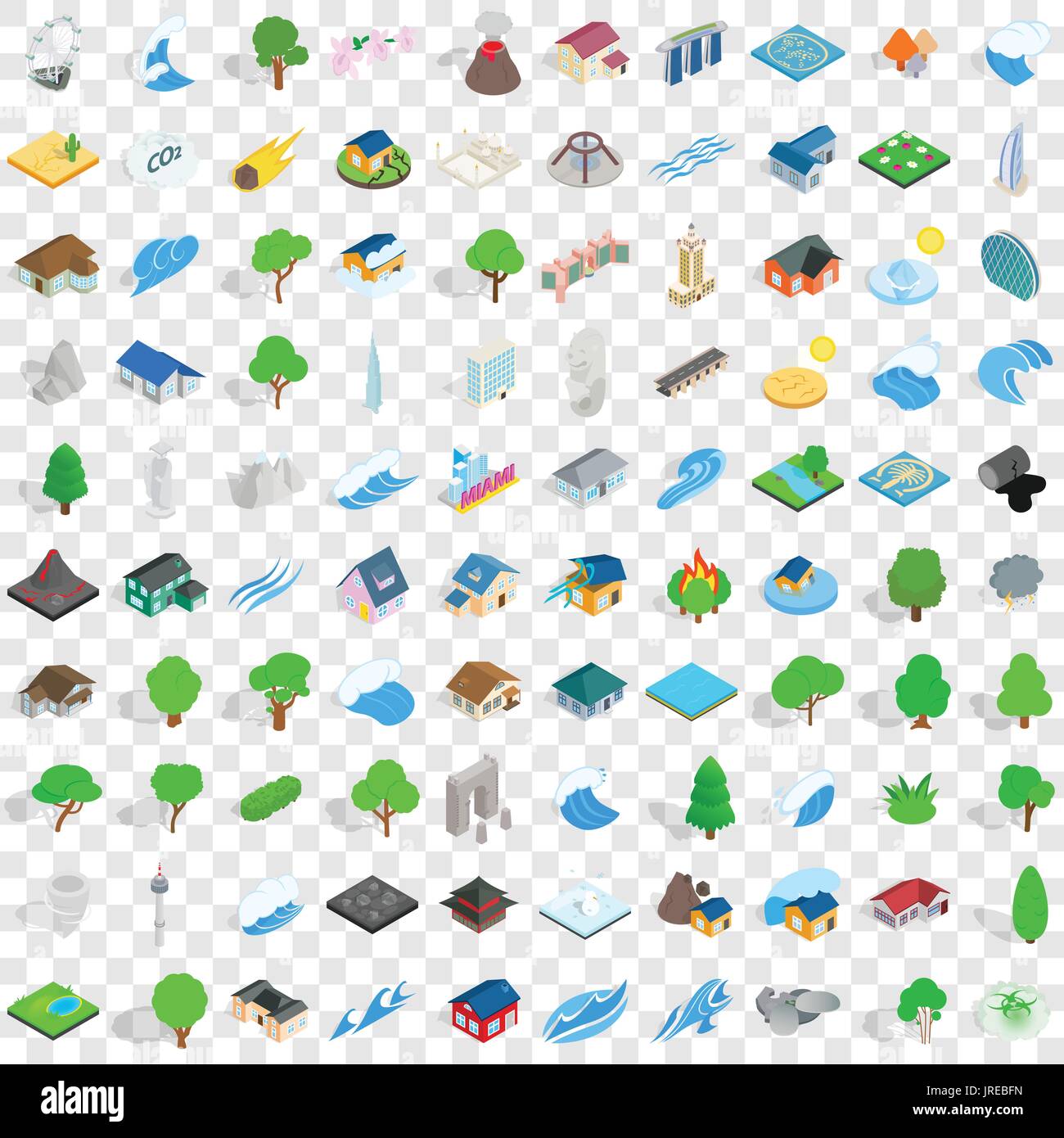 100 landscape icons set, isometric 3d style Stock Vector